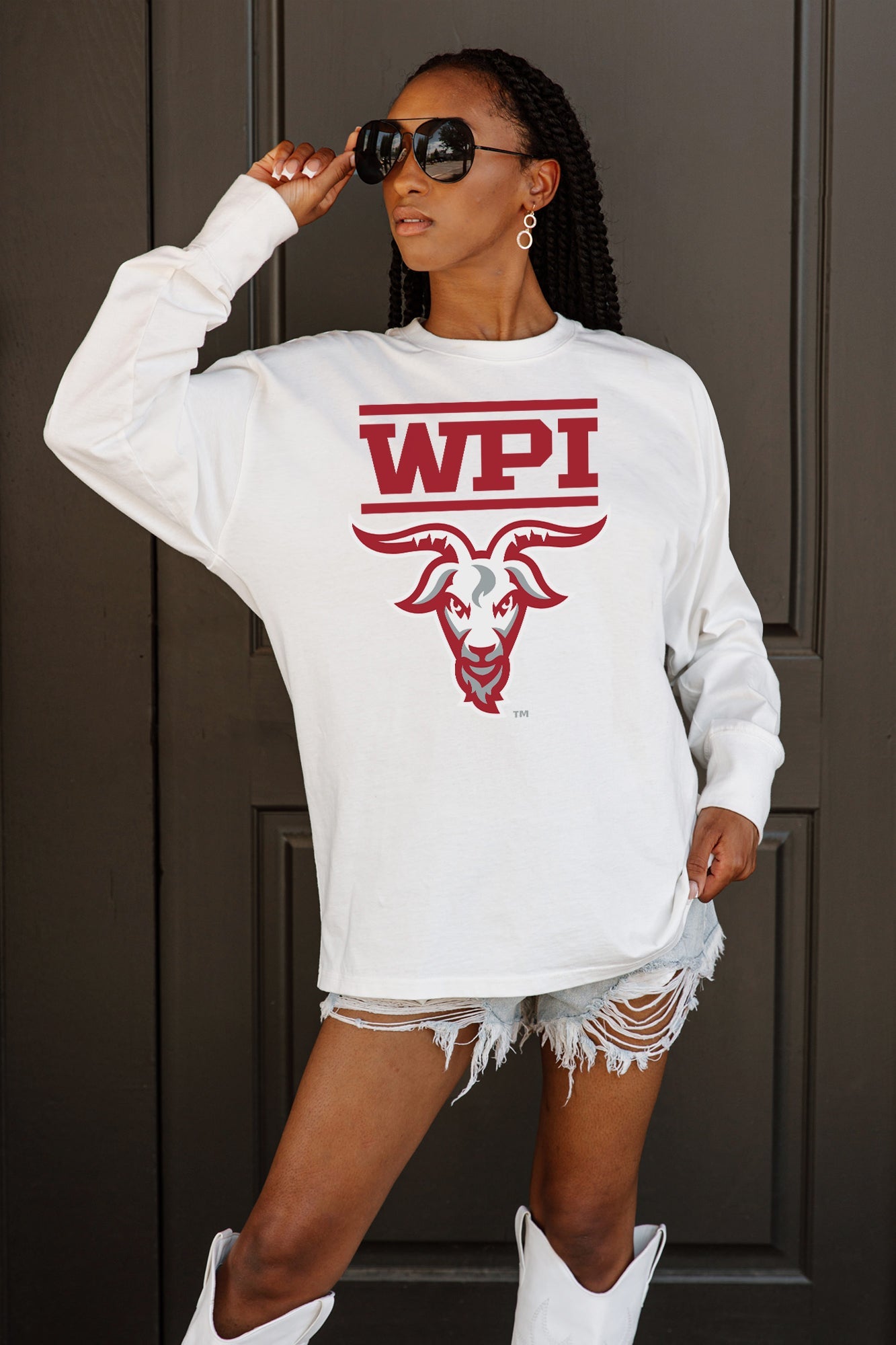 WORCESTER POLYTECHNIC INSTITUTE GOATS BIG GOALS OVERSIZED LONG SLEEVE TEE WITH RIBBED NECKLINE AND CUFFS