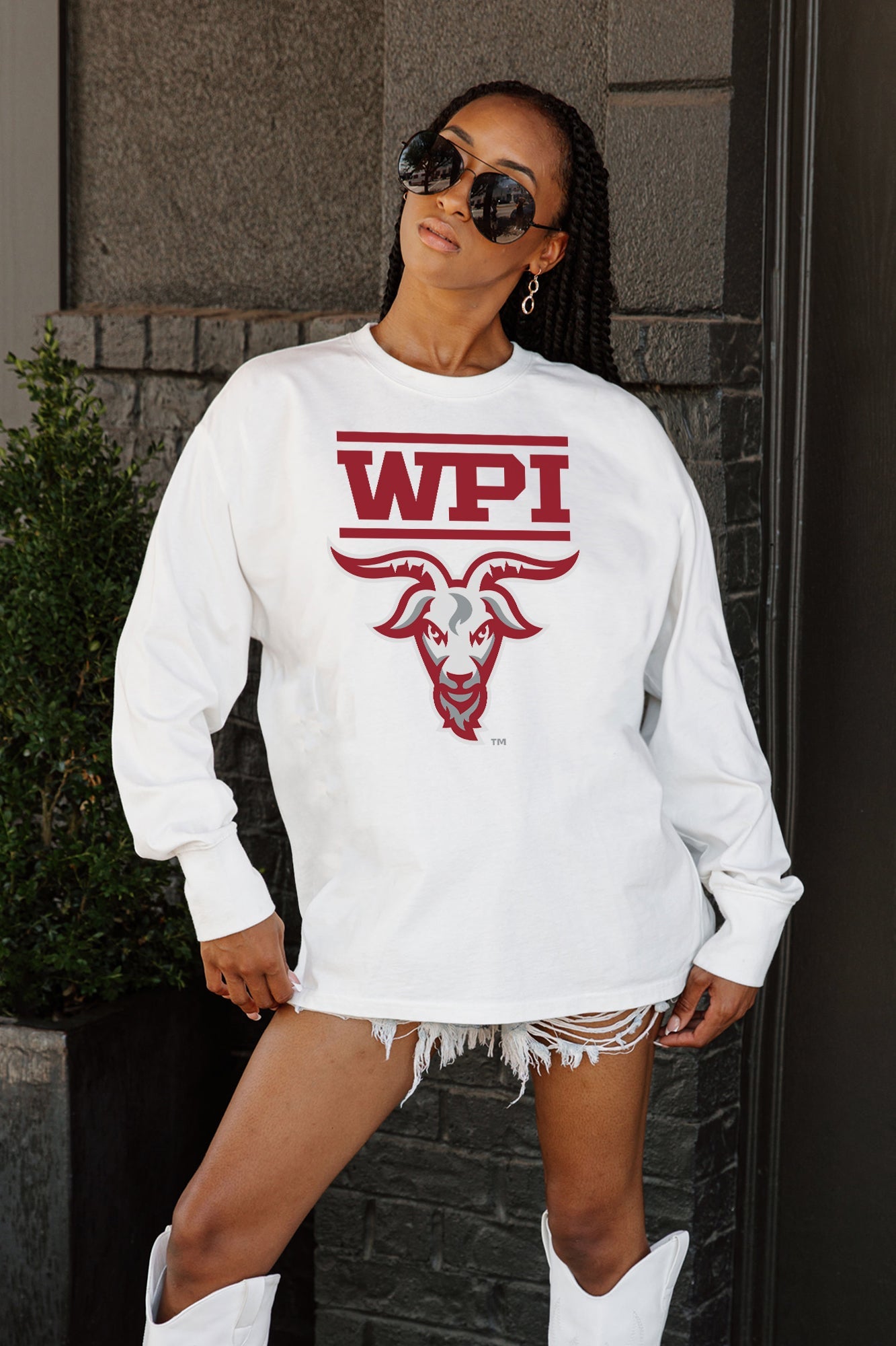 WORCESTER POLYTECHNIC INSTITUTE GOATS BIG GOALS OVERSIZED LONG SLEEVE TEE WITH RIBBED NECKLINE AND CUFFS