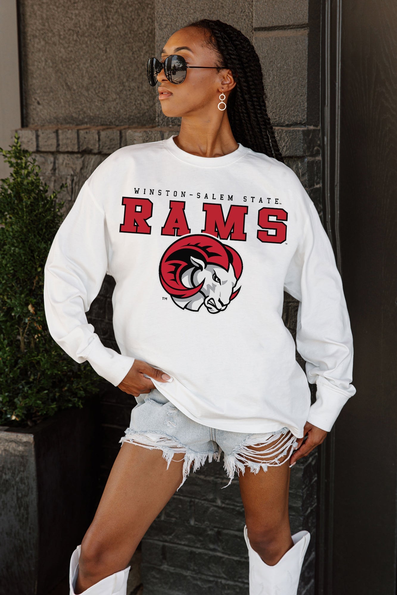 WINSTON-SALEM STATE RAMS BIG GOALS OVERSIZED LONG SLEEVE TEE WITH RIBBED NECKLINE AND CUFFS