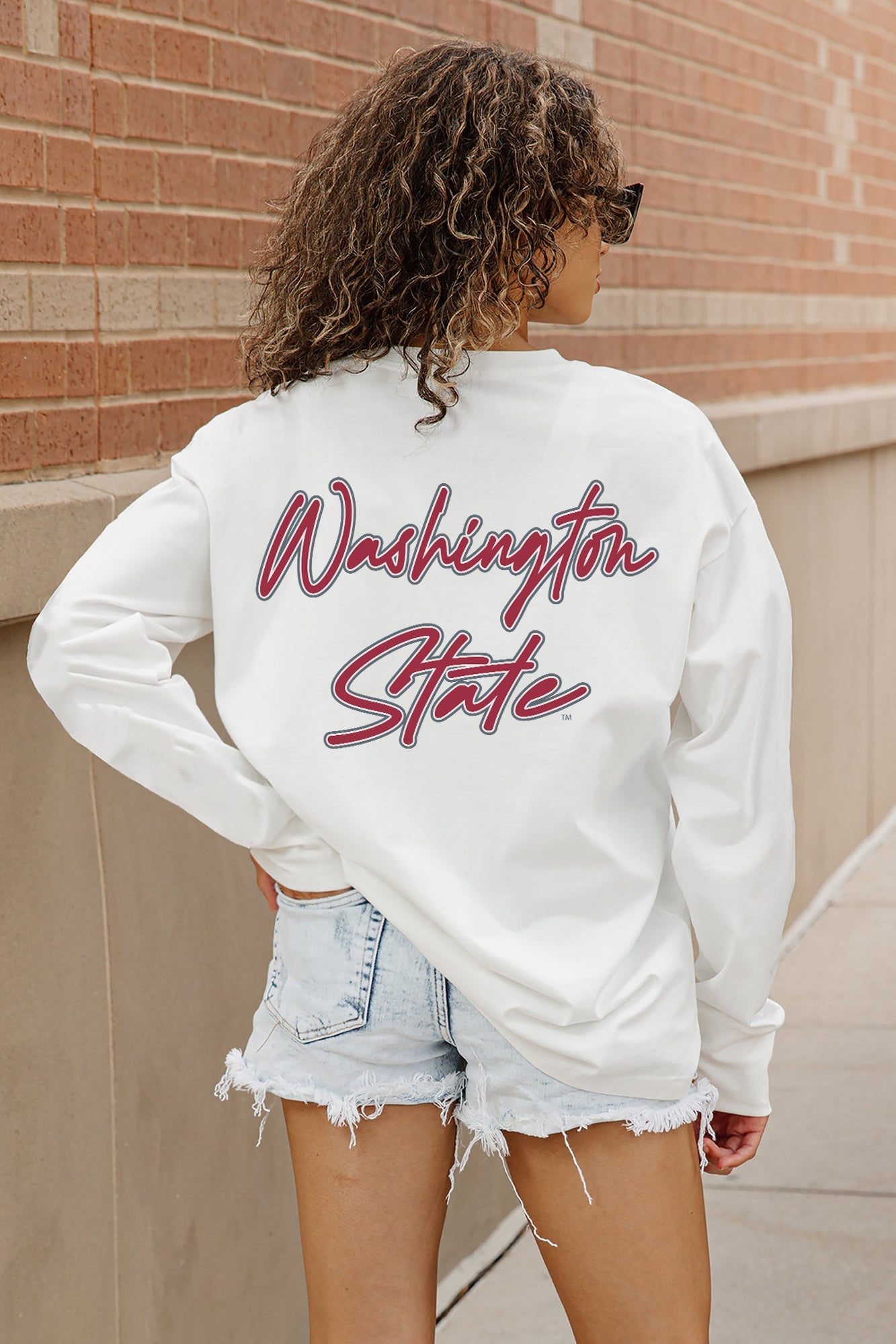 WASHINGTON STATE COUGARS DOUBLE MOVE OVERSIZED LONG SLEEVE TEE WITH RIBBED NECKLINE AND CUFFS