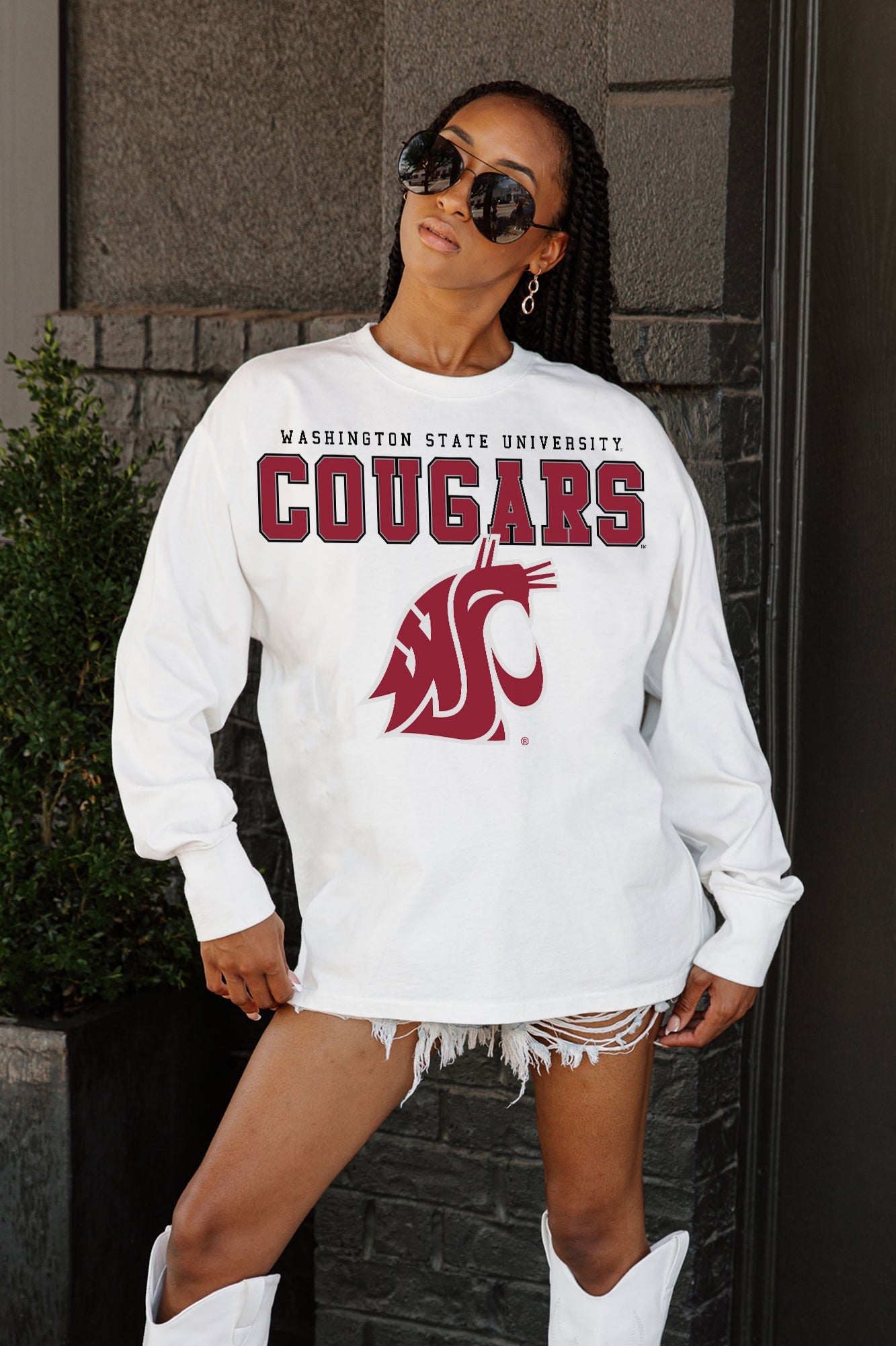 WASHINGTON STATE COUGARS BIG GOALS OVERSIZED LONG SLEEVE TEE WITH RIBBED NECKLINE AND CUFFS