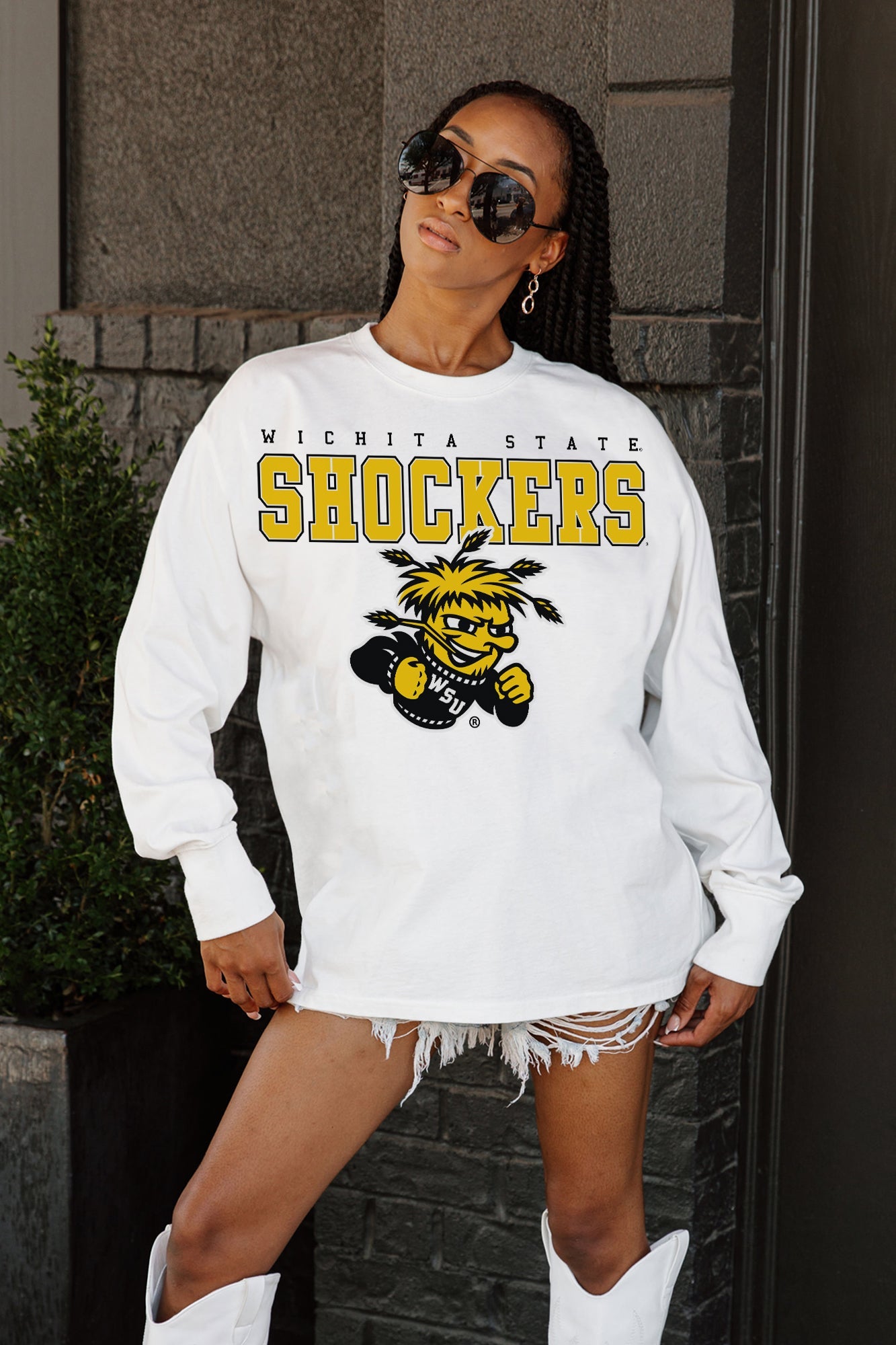 WICHITA STATE SHOCKERS BIG GOALS OVERSIZED LONG SLEEVE TEE WITH RIBBED NECKLINE AND CUFFS