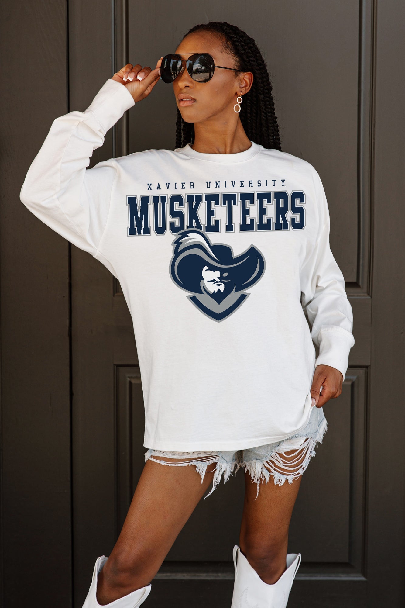 XAVIER MUSKETEERS BIG GOALS OVERSIZED LONG SLEEVE TEE WITH RIBBED NECKLINE AND CUFFS
