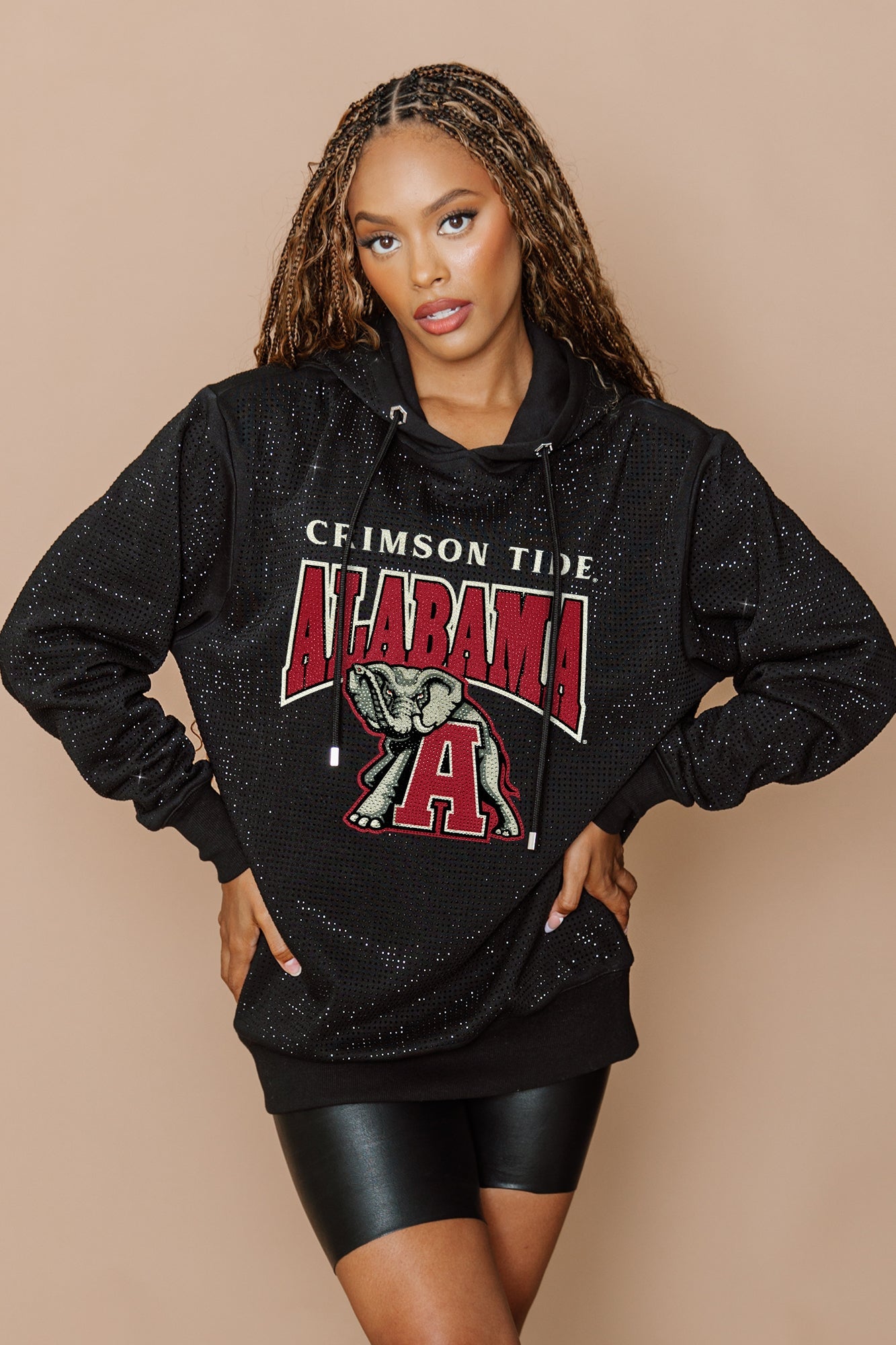 ALABAMA CRIMSON TIDE SIDELINE SHIMMER ALL-OVER MICRO-RHINESTONE SPARKLE HOODED SWEATSHIRT
