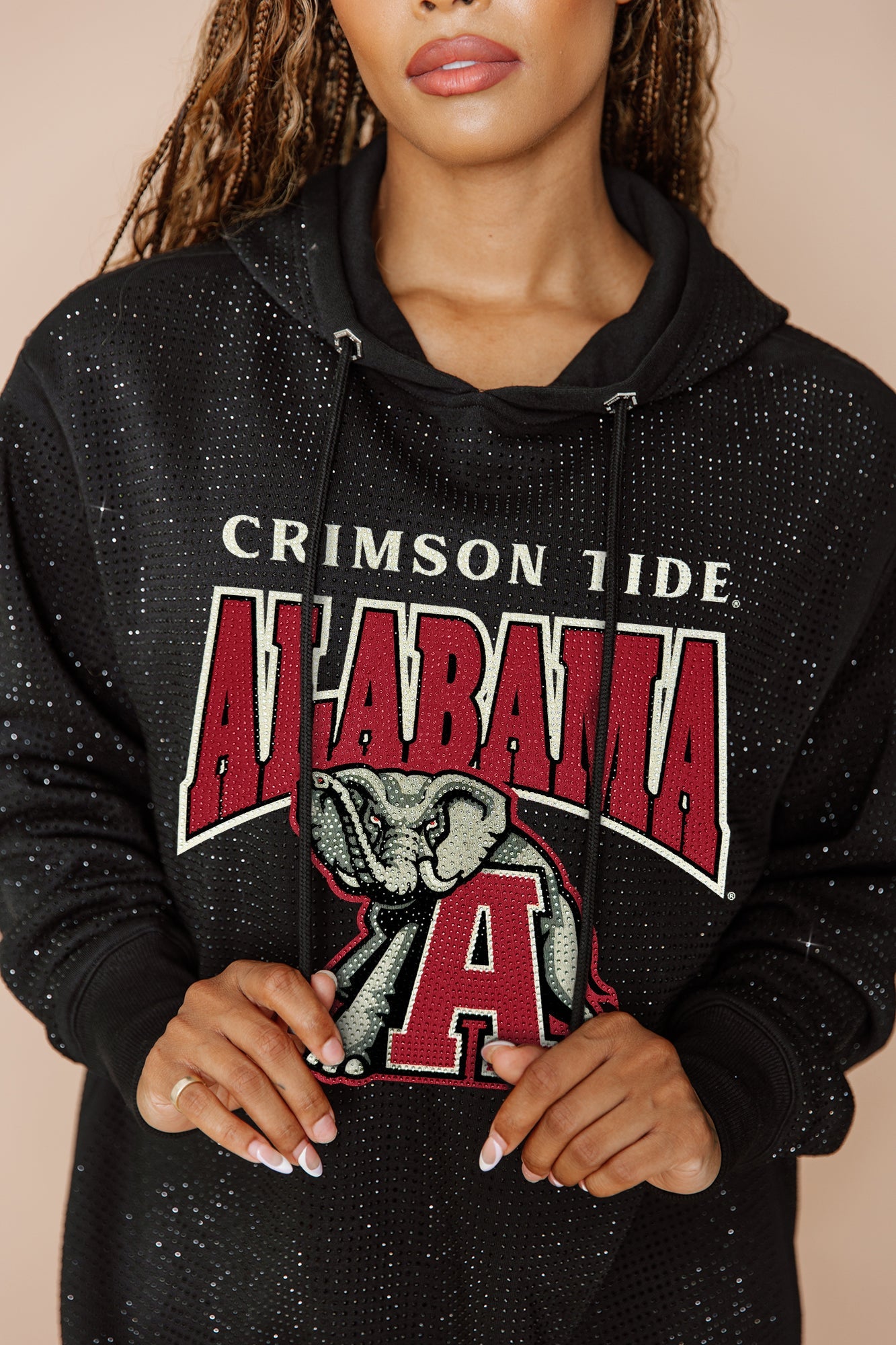 ALABAMA CRIMSON TIDE SIDELINE SHIMMER ALL-OVER MICRO-RHINESTONE SPARKLE HOODED SWEATSHIRT