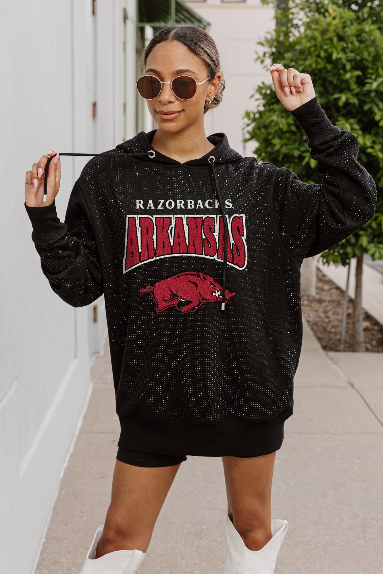 ARKANSAS RAZORBACKS SIDELINE SHIMMER ALL-OVER MICRO-RHINESTONE SPARKLE HOODED SWEATSHIRT