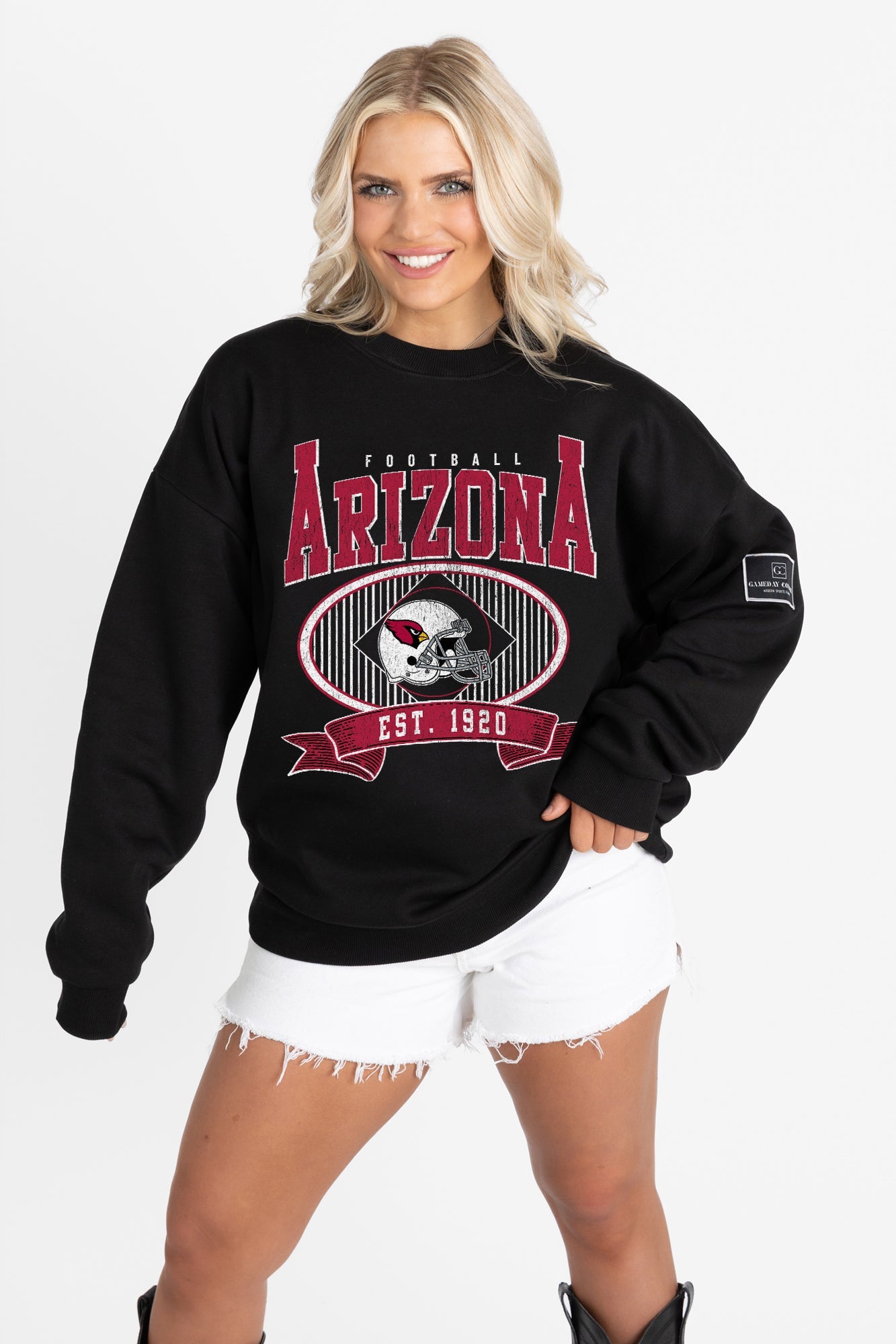 ARIZONA CARDINALS BOLD CHEERS BLACK LABEL PREMIUM FLEECE CREW SWEATSHIRT