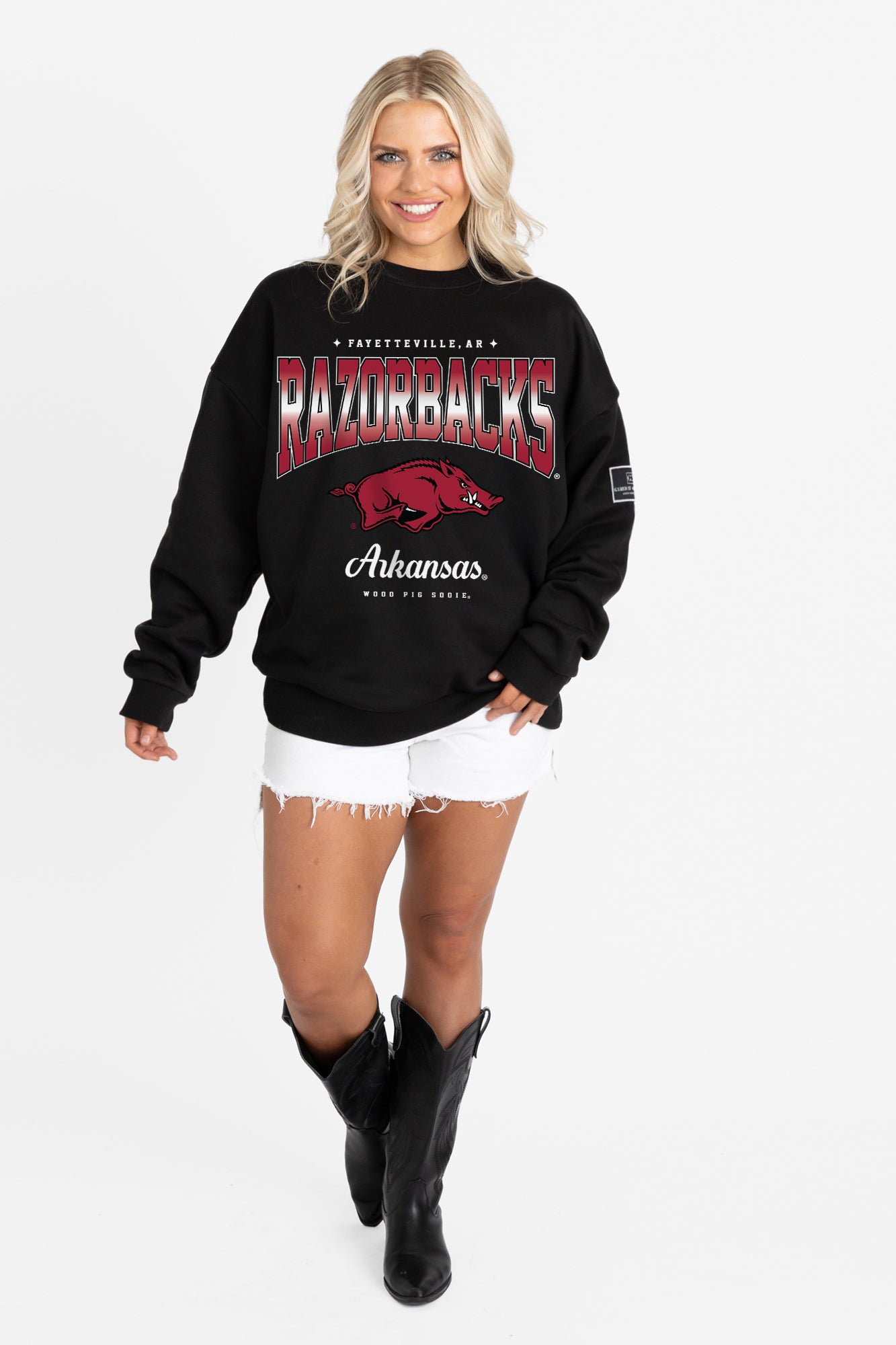 ARKANSAS RAZORBACKS POWERHOUSE PLAY BLACK LABEL PREMIUM FLEECE CREW SWEATSHIRT