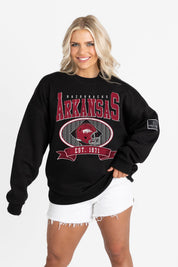 ARKANSAS RAZORBACKS BOLD CHEERS BLACK LABEL PREMIUM FLEECE CREW SWEATSHIRT