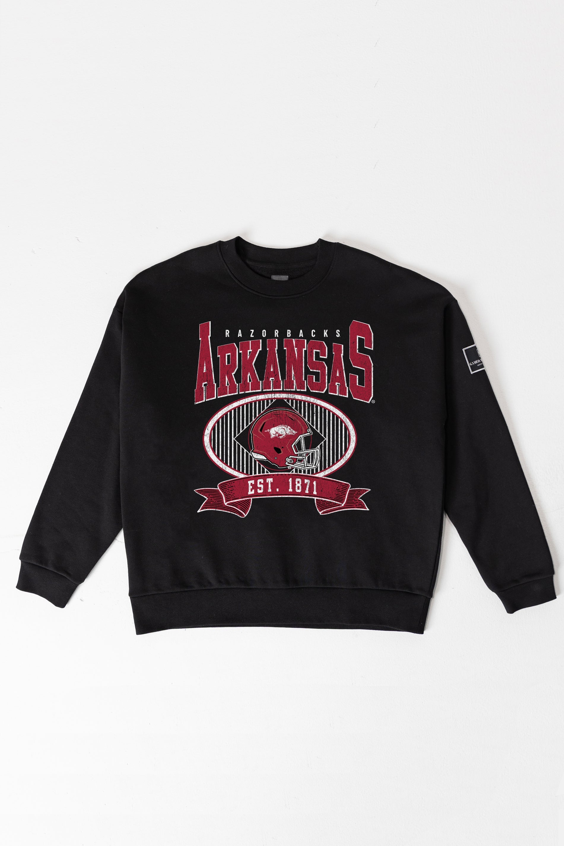ARKANSAS RAZORBACKS BOLD CHEERS BLACK LABEL PREMIUM FLEECE CREW SWEATSHIRT