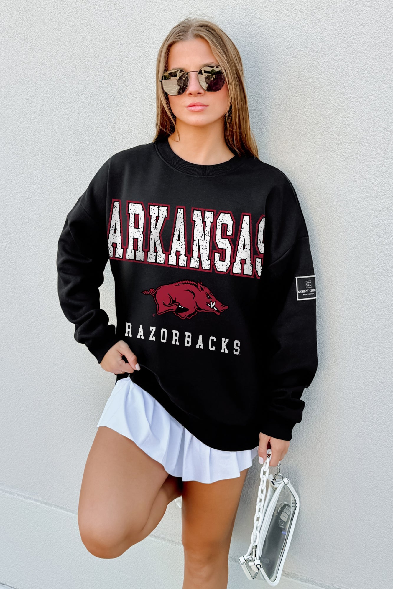 ARKANSAS RAZORBACKS LEVEL UP BLACK LABEL PREMIUM FLEECE CREW SWEATSHIRT