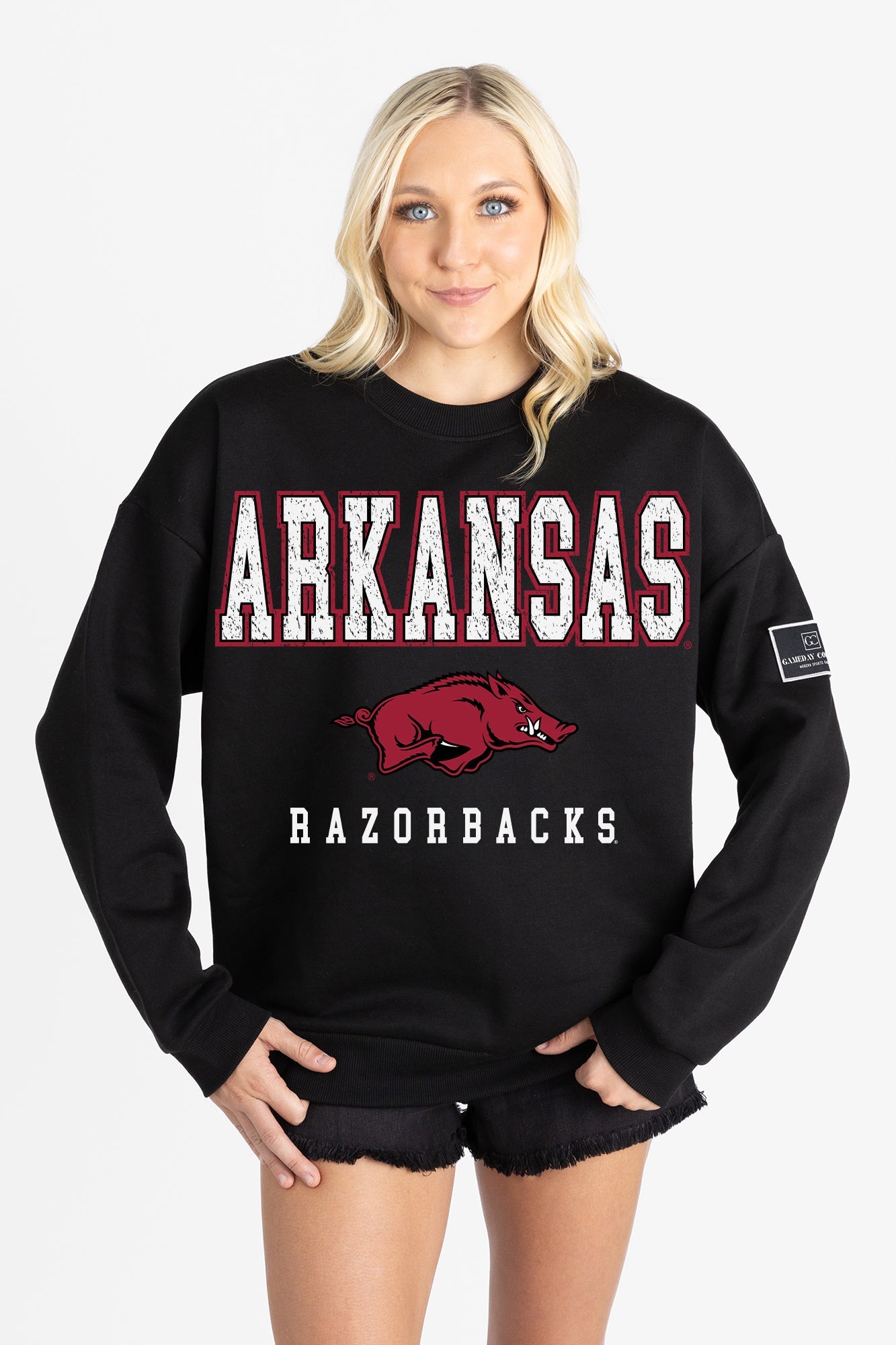 ARKANSAS RAZORBACKS LEVEL UP BLACK LABEL PREMIUM FLEECE CREW SWEATSHIRT