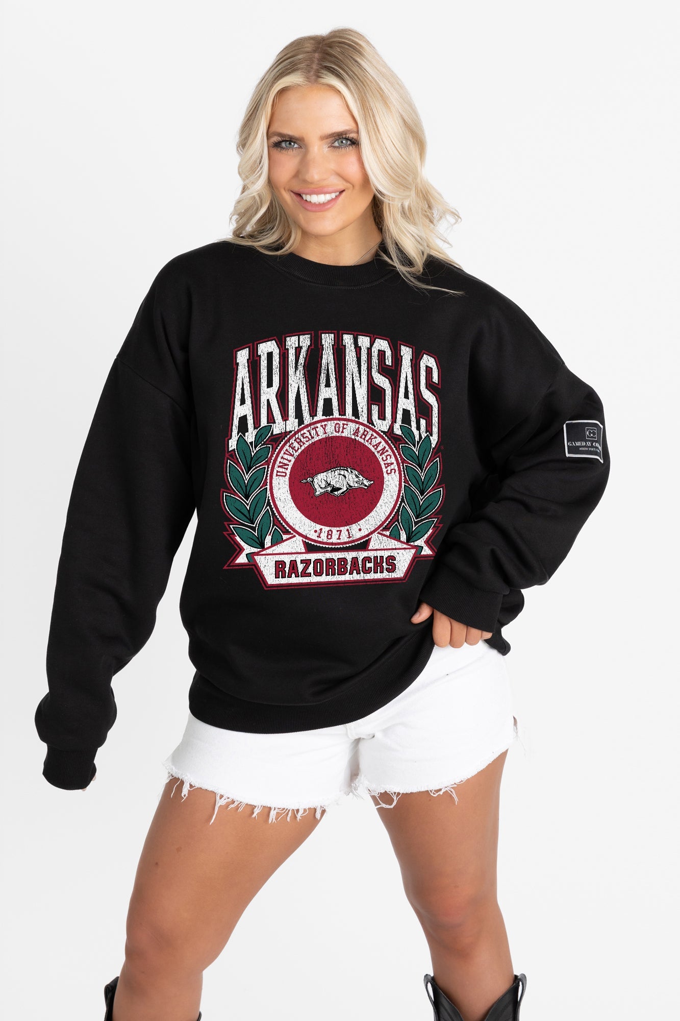 ARKANSAS RAZORBACKS VICTORY LANE BLACK LABEL PREMIUM FLEECE CREW SWEATSHIRT