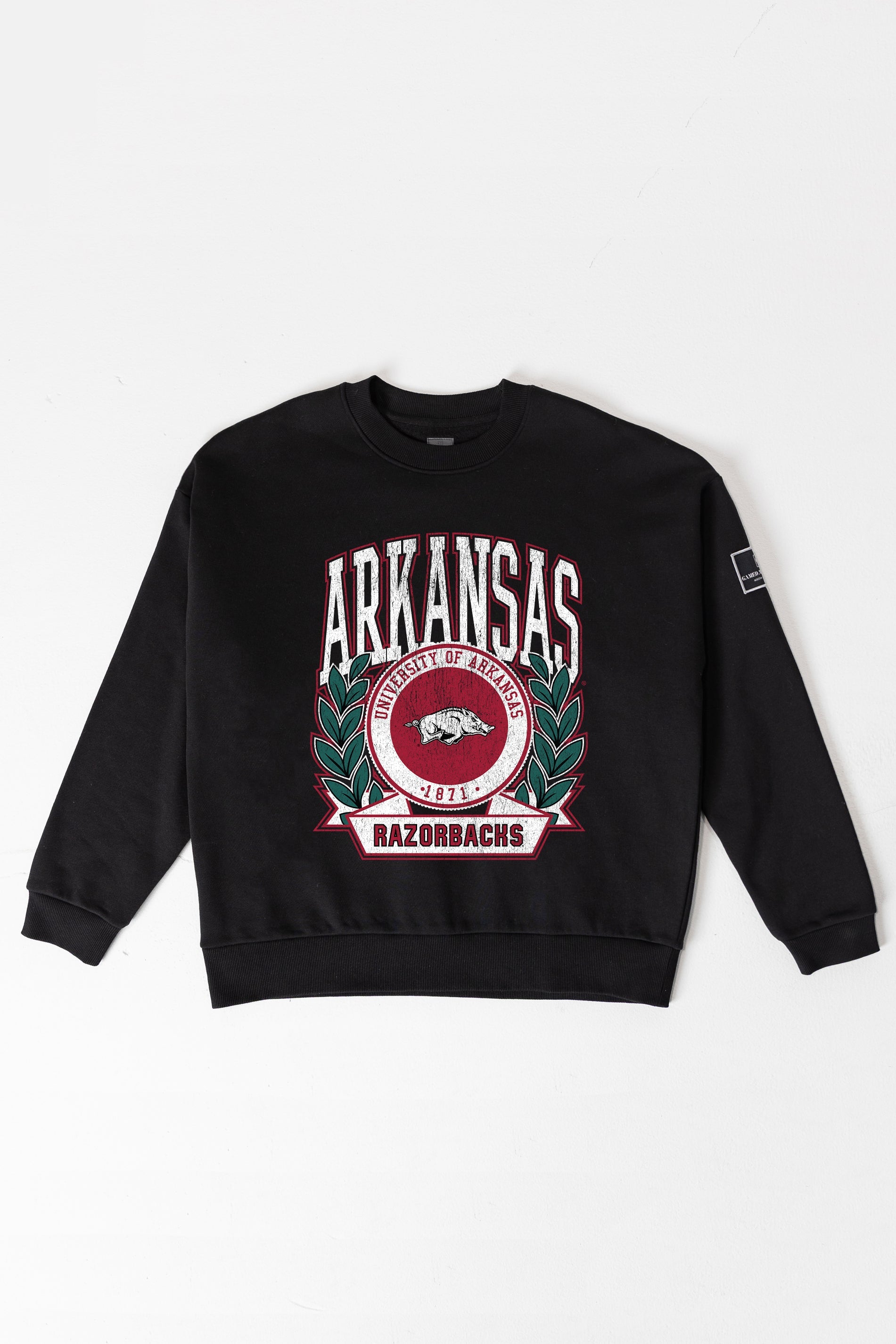 ARKANSAS RAZORBACKS VICTORY LANE BLACK LABEL PREMIUM FLEECE CREW SWEATSHIRT