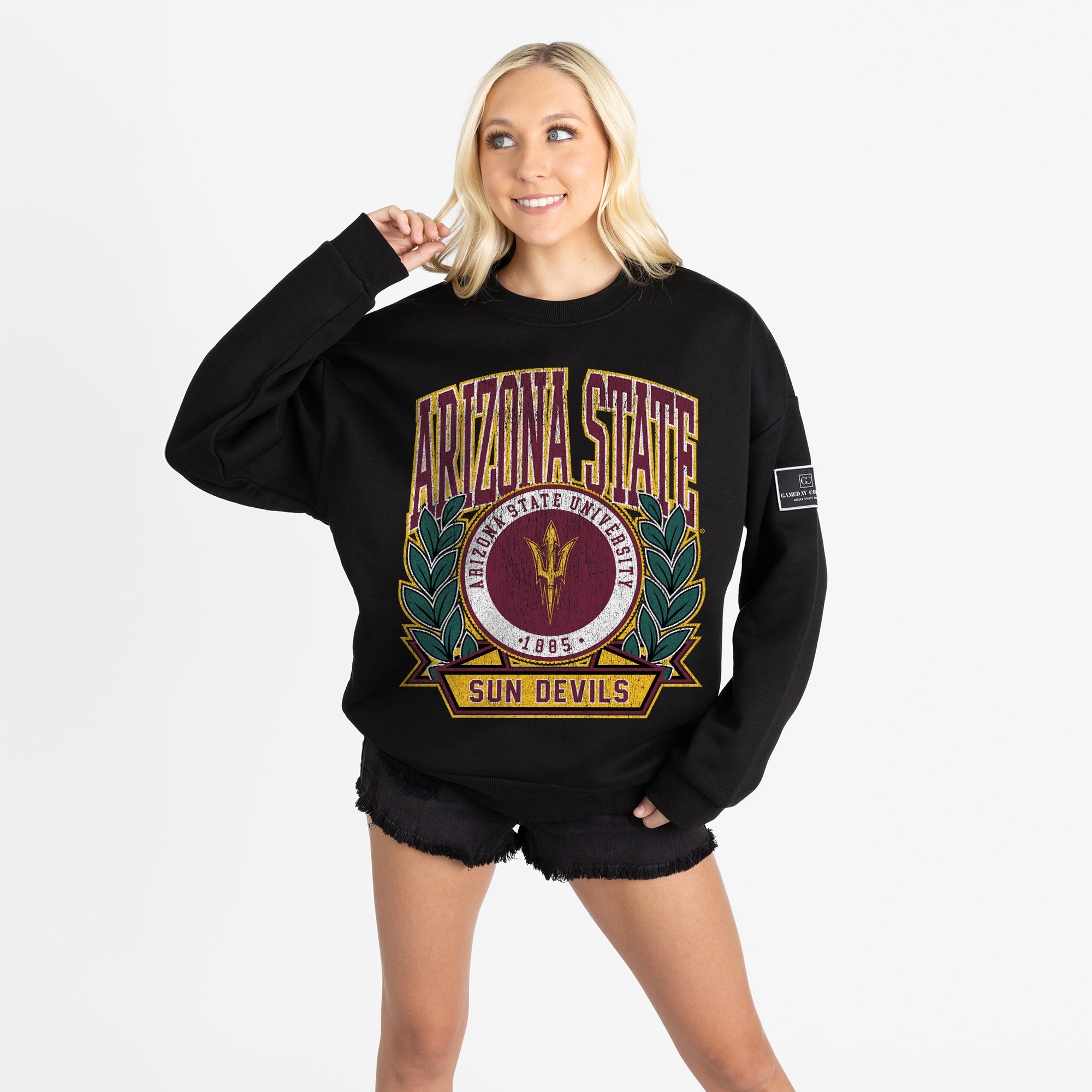 ARIZONA STATE SUN DEVILS VICTORY LANE BLACK LABEL PREMIUM FLEECE DROP SHOULDER CREWNECK