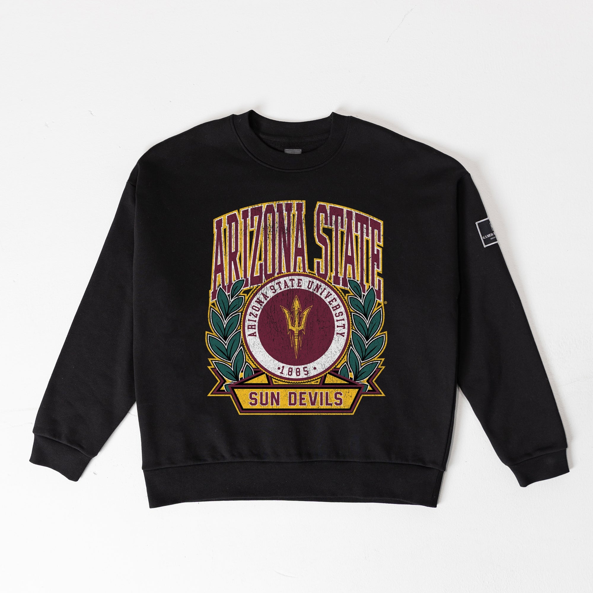 ARIZONA STATE SUN DEVILS VICTORY LANE BLACK LABEL PREMIUM FLEECE DROP SHOULDER CREWNECK