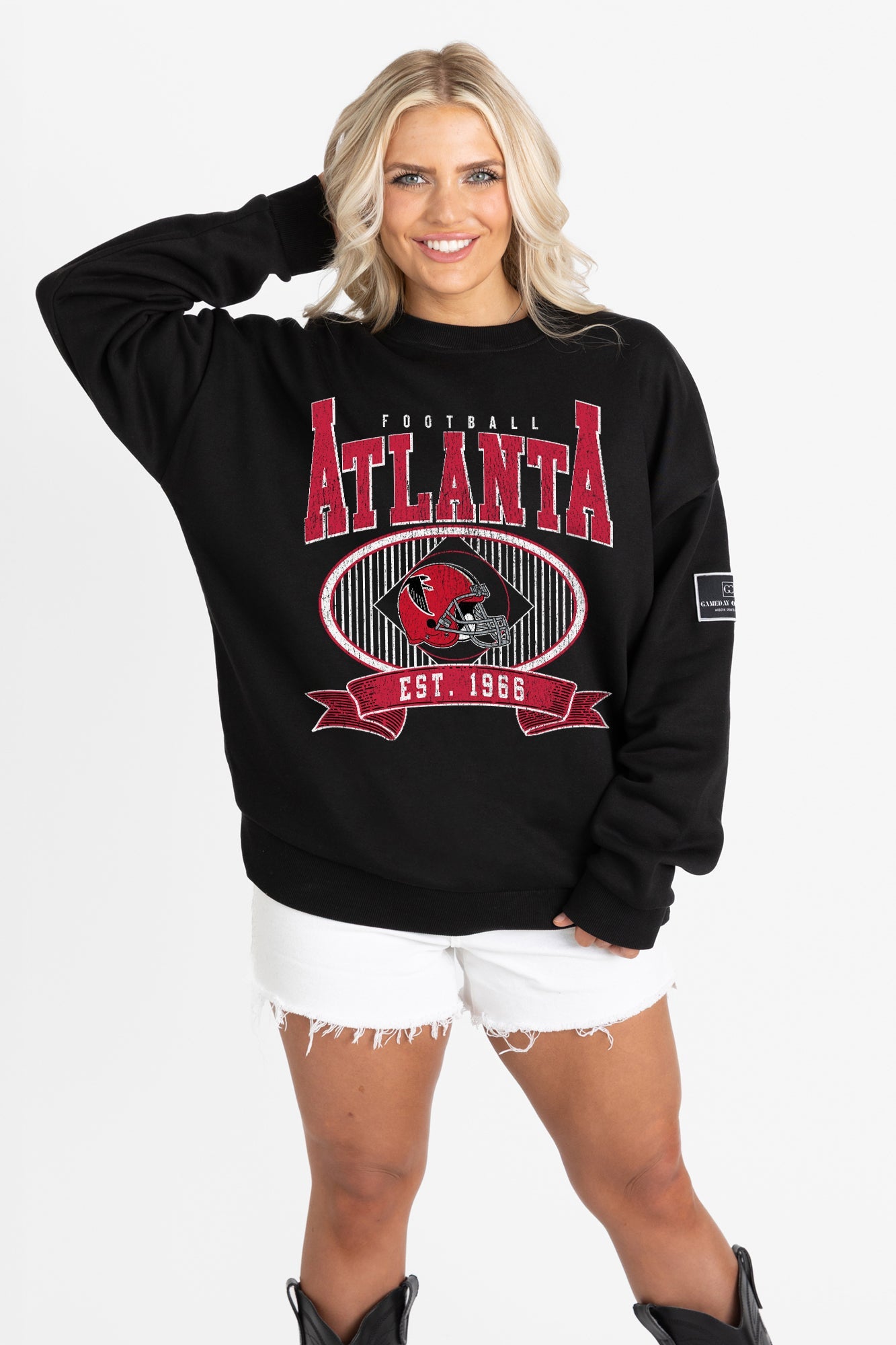 ATLANTA FALCONS BOLD CHEERS BLACK LABEL PREMIUM FLEECE CREW SWEATSHIRT
