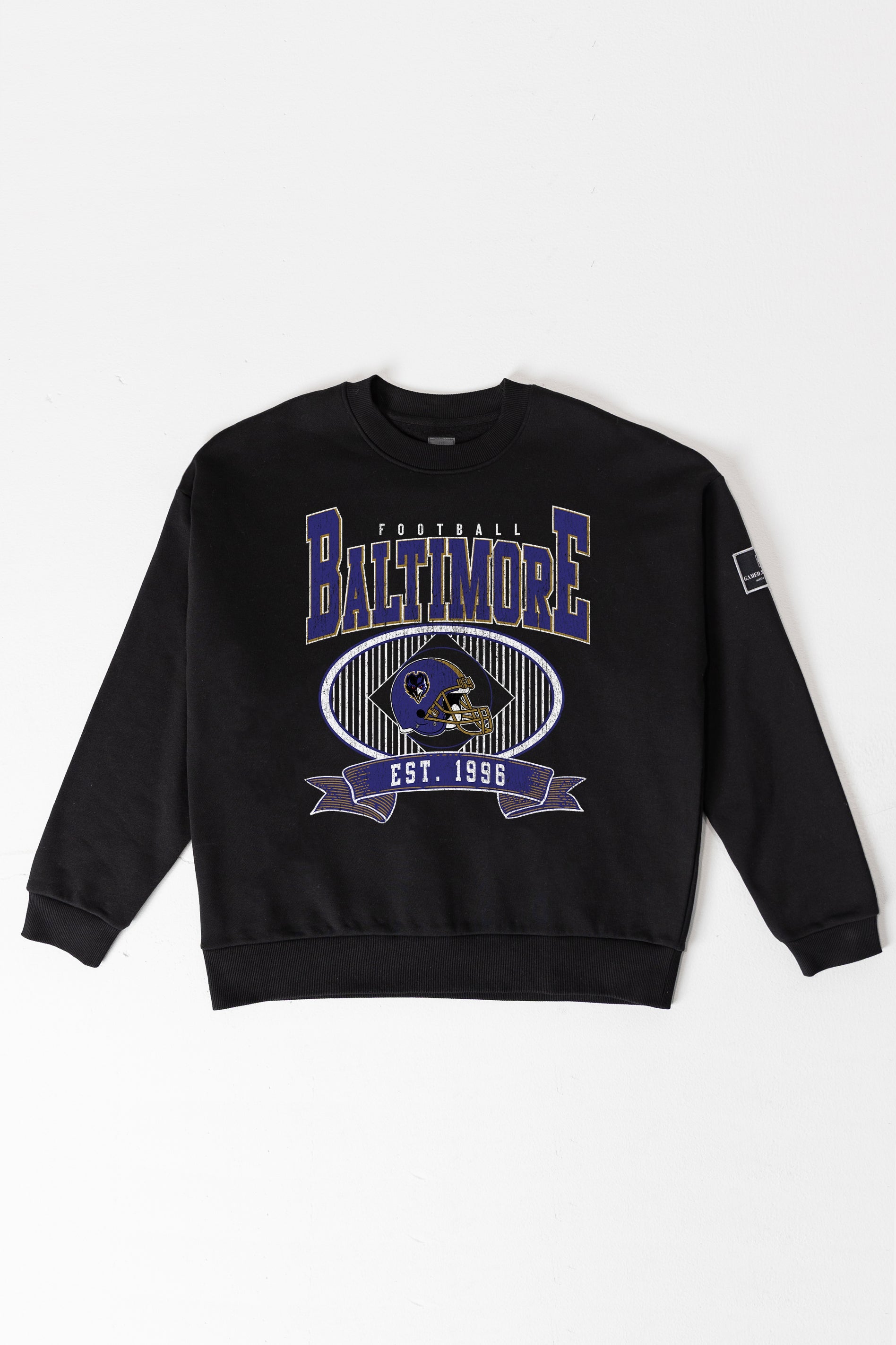BALTIMORE RAVENS BOLD CHEERS BLACK LABEL PREMIUM FLEECE CREW SWEATSHIRT
