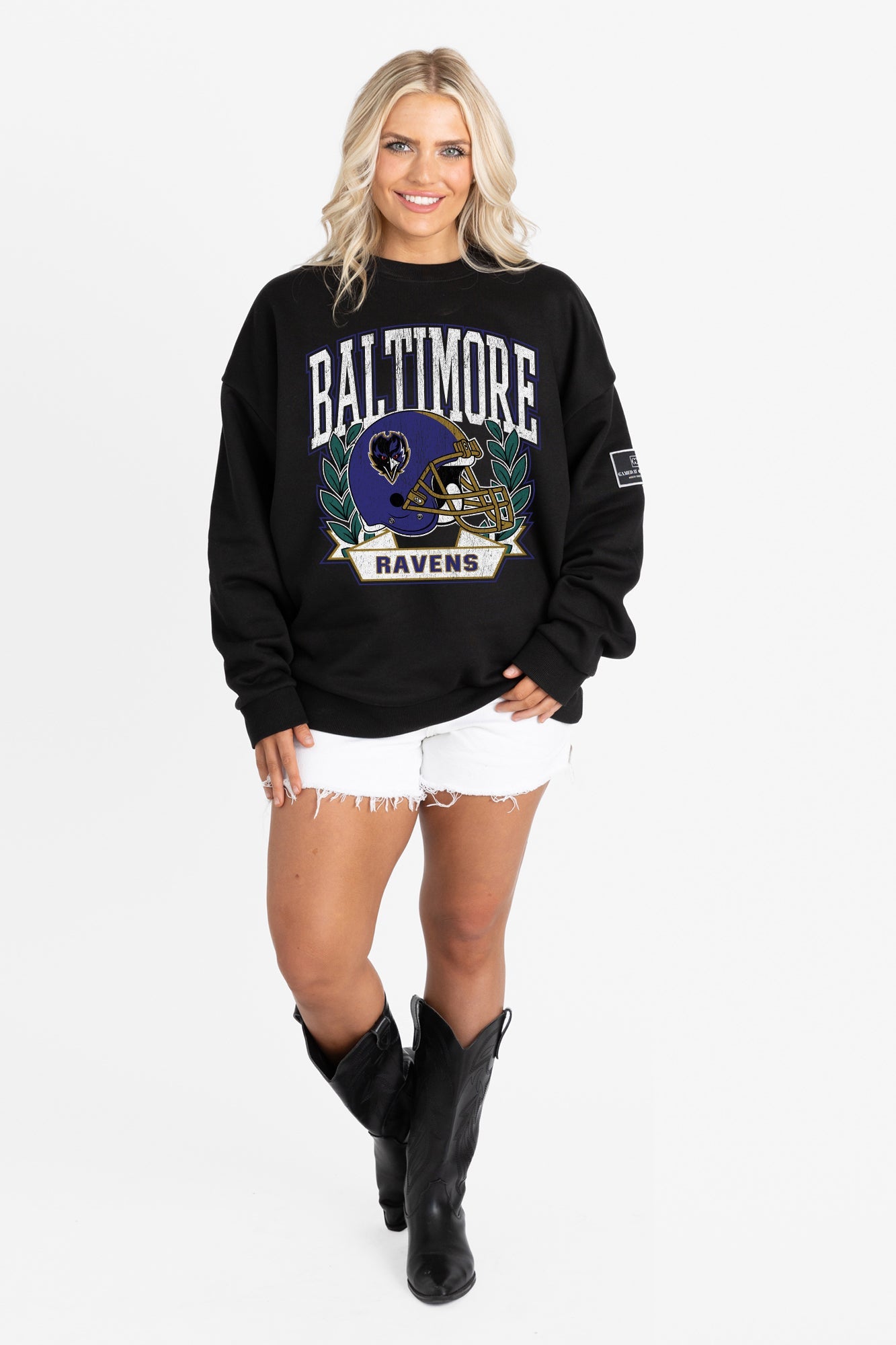 BALTIMORE RAVENS VICTORY LANE BLACK LABEL PREMIUM FLEECE CREW SWEATSHIRT