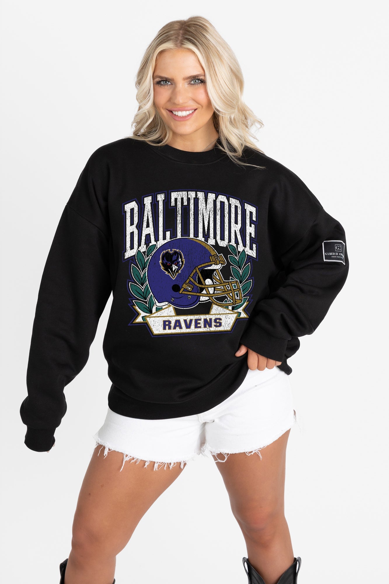 BALTIMORE RAVENS VICTORY LANE BLACK LABEL PREMIUM FLEECE CREW SWEATSHIRT