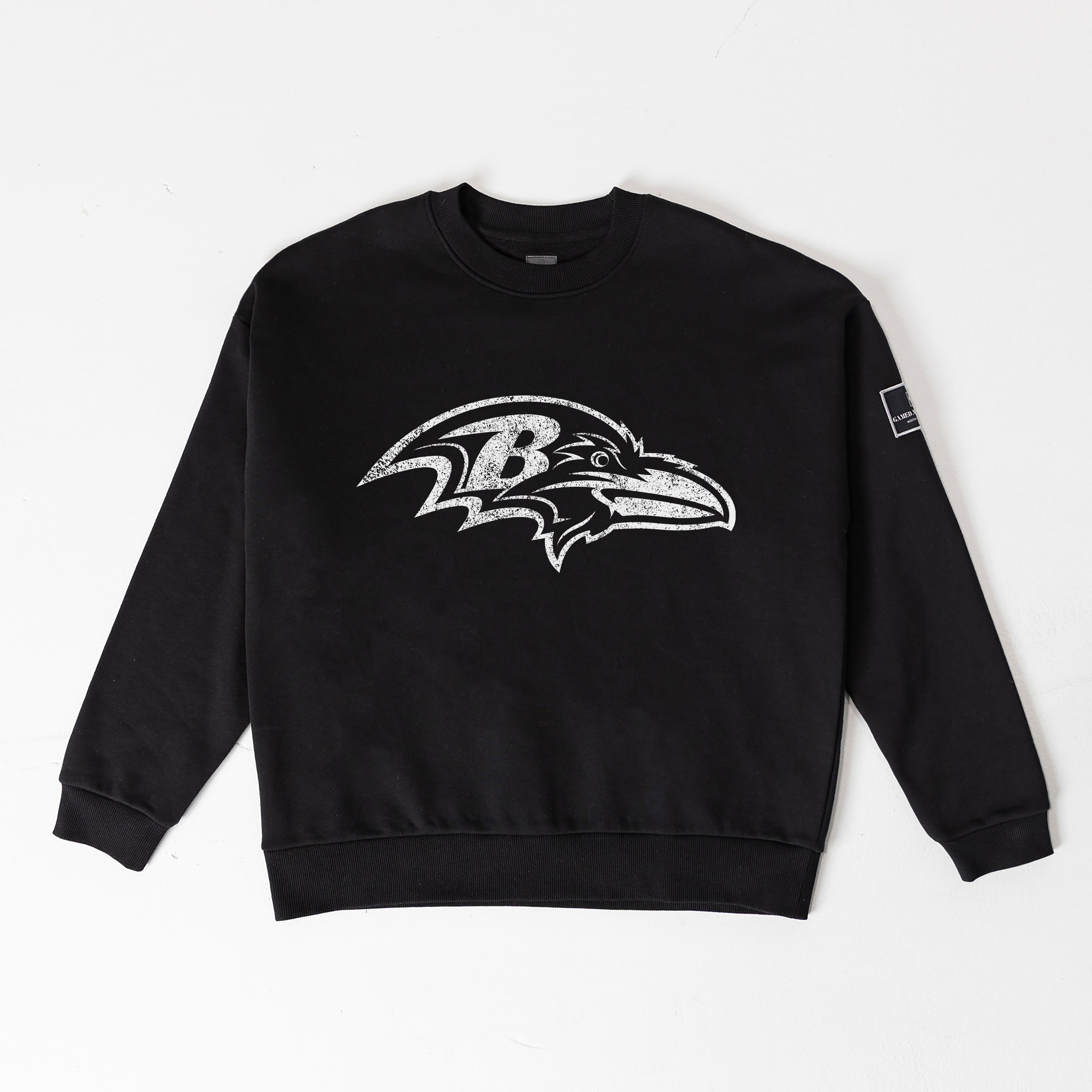 BALTIMORE RAVENS BOLD MOVE BLACK LABEL PREMIUM FLEECE DROP SHOULDER CREWNECK