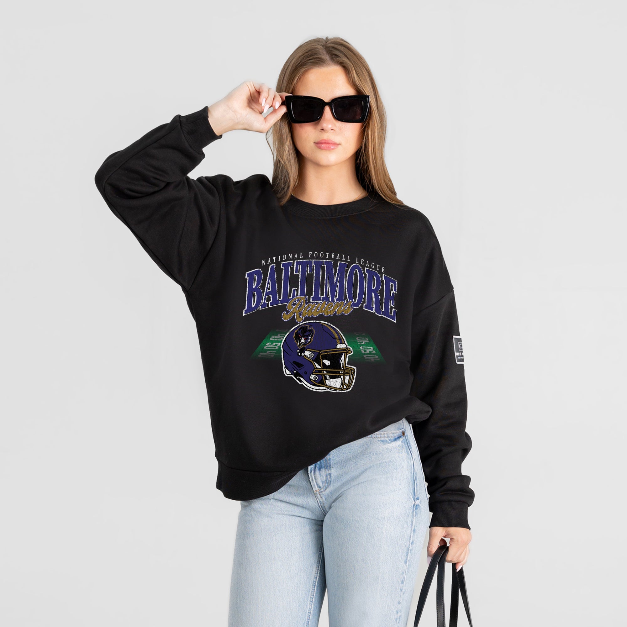 BALTIMORE RAVENS FIELD FOCUS BLACK LABEL PREMIUM FLEECE DROP SHOULDER CREWNECK
