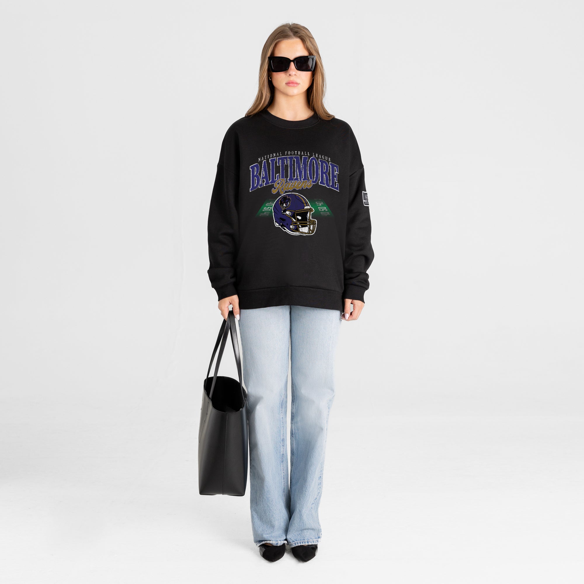 BALTIMORE RAVENS FIELD FOCUS BLACK LABEL PREMIUM FLEECE DROP SHOULDER CREWNECK