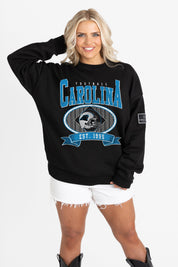 CAROLINA PANTHERS BOLD CHEERS BLACK LABEL PREMIUM FLEECE CREW SWEATSHIRT