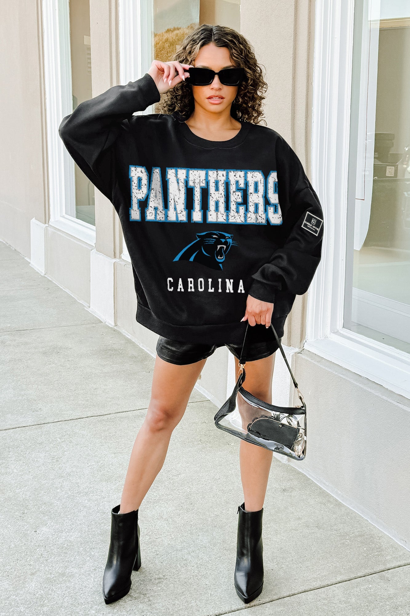 CAROLINA PANTHERS LEVEL UP BLACK LABEL PREMIUM FLEECE CREW SWEATSHIRT