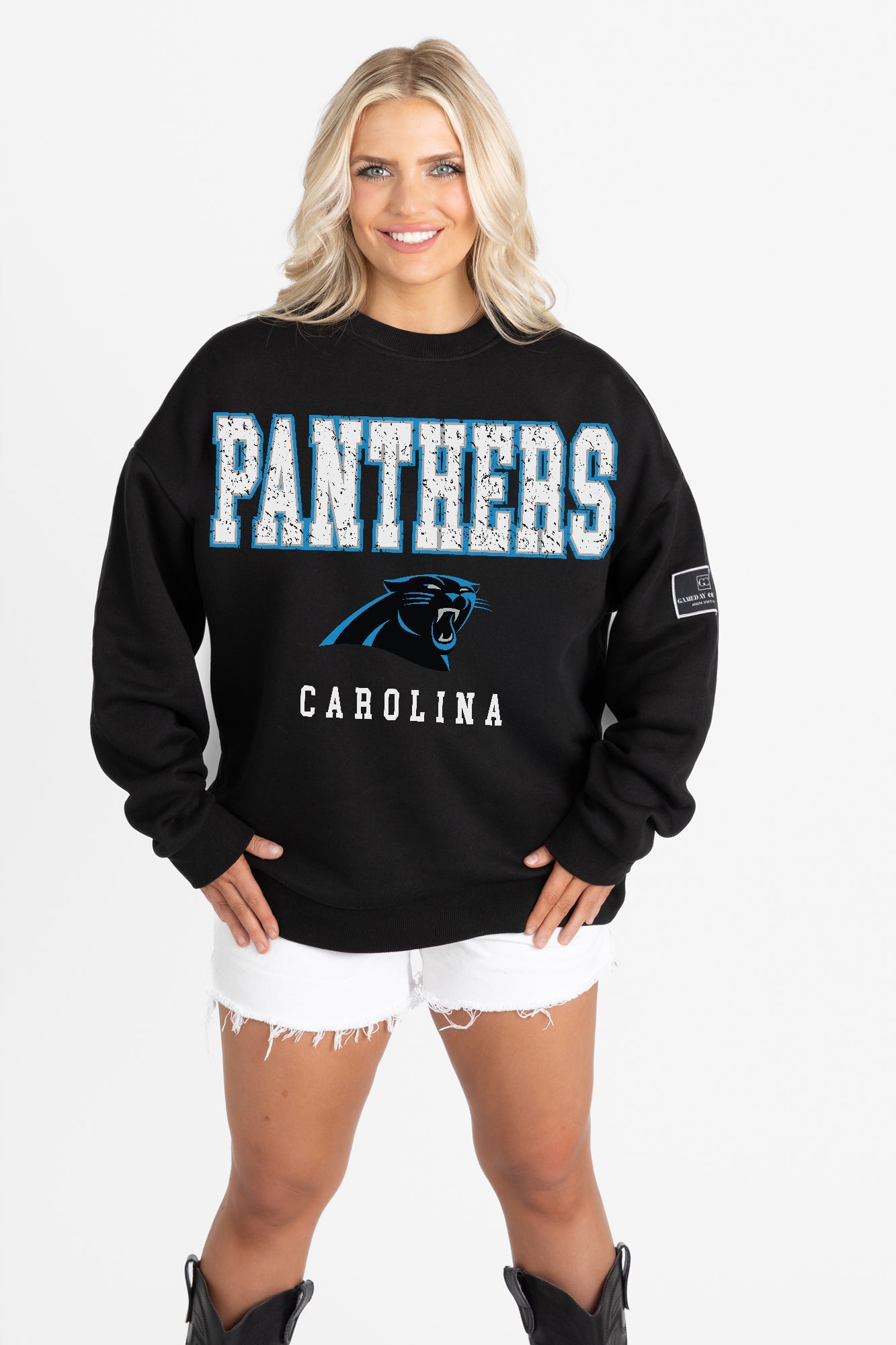 CAROLINA PANTHERS LEVEL UP BLACK LABEL PREMIUM FLEECE CREW SWEATSHIRT