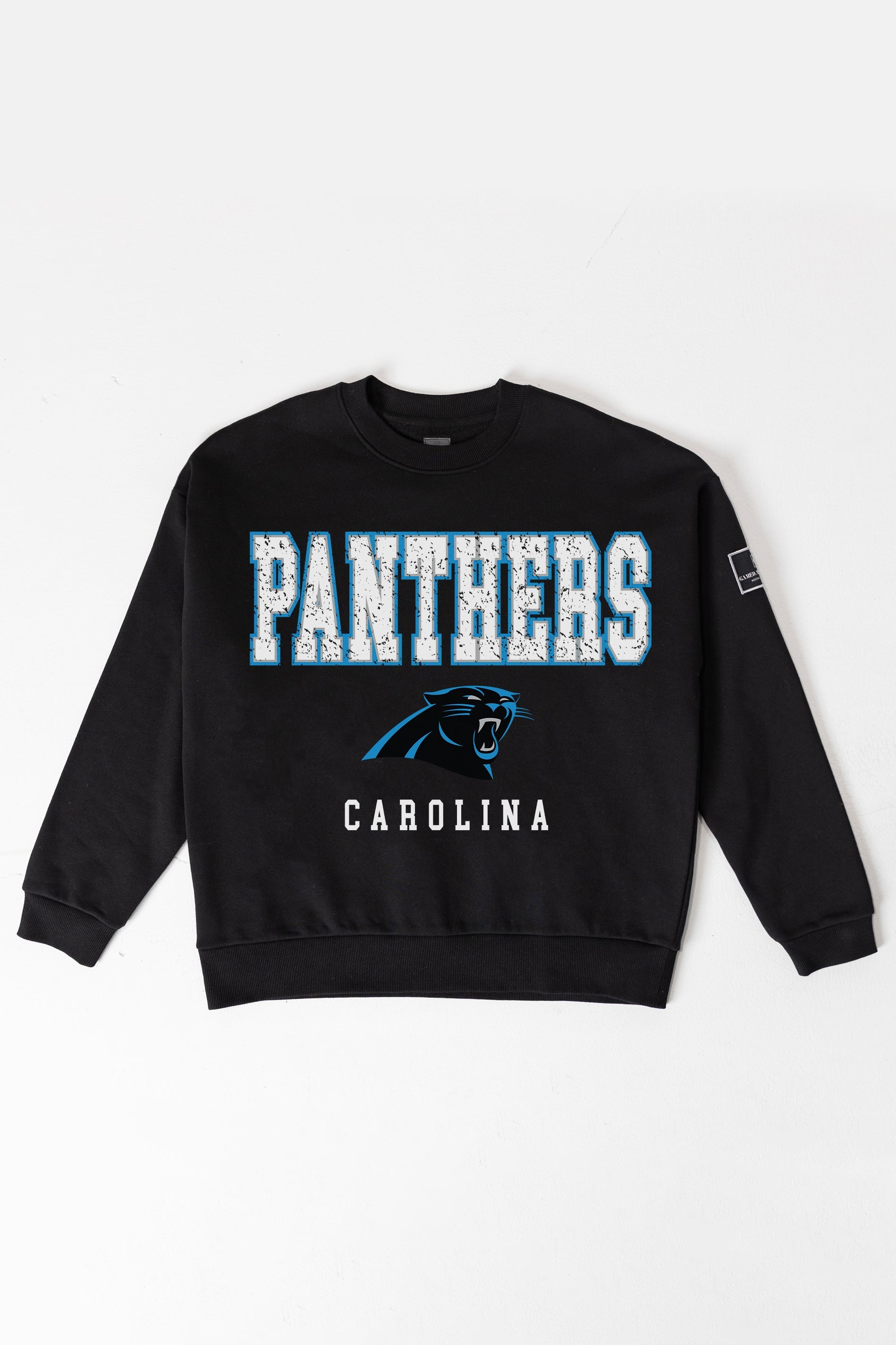 CAROLINA PANTHERS LEVEL UP BLACK LABEL PREMIUM FLEECE CREW SWEATSHIRT