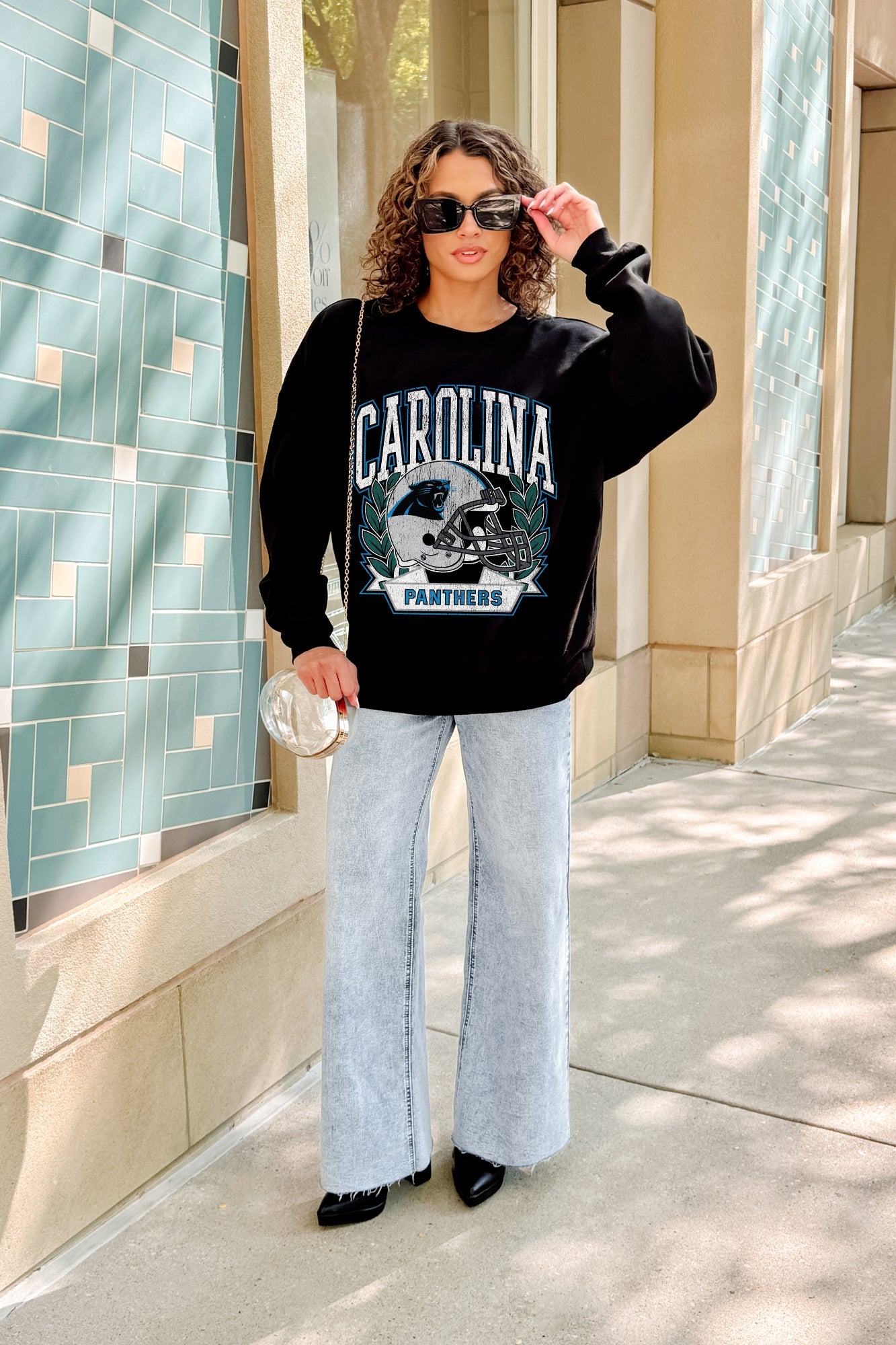 CAROLINA PANTHERS VICTORY LANE BLACK LABEL PREMIUM FLEECE CREW SWEATSHIRT