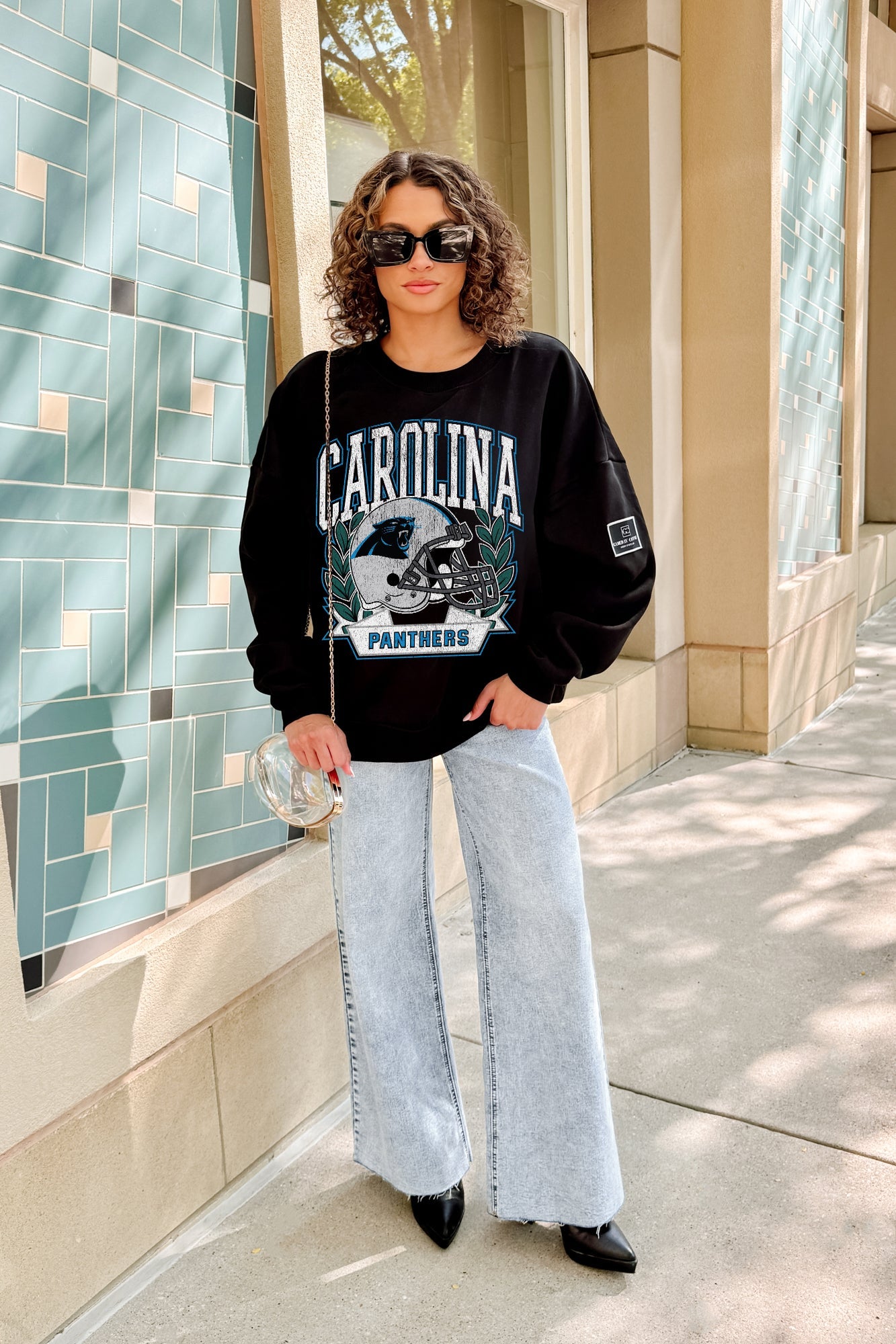 CAROLINA PANTHERS VICTORY LANE BLACK LABEL PREMIUM FLEECE CREW SWEATSHIRT