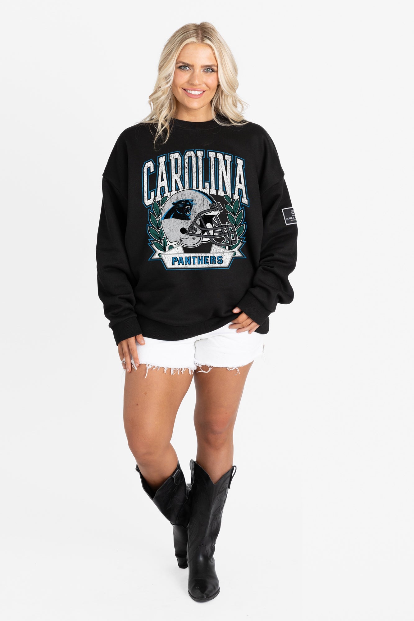 CAROLINA PANTHERS VICTORY LANE BLACK LABEL PREMIUM FLEECE CREW SWEATSHIRT