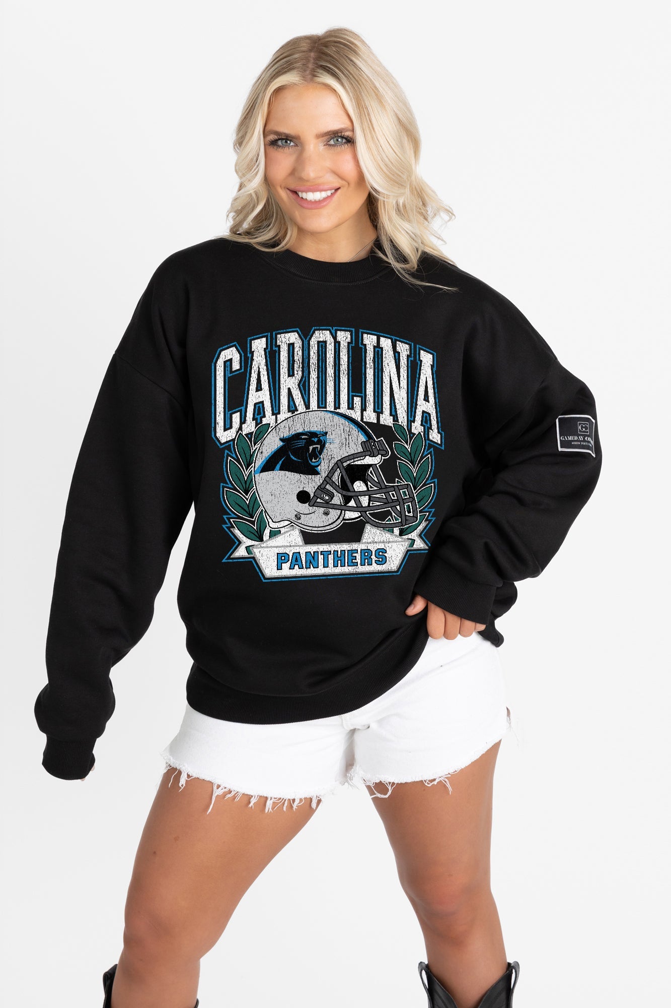 CAROLINA PANTHERS VICTORY LANE BLACK LABEL PREMIUM FLEECE CREW SWEATSHIRT