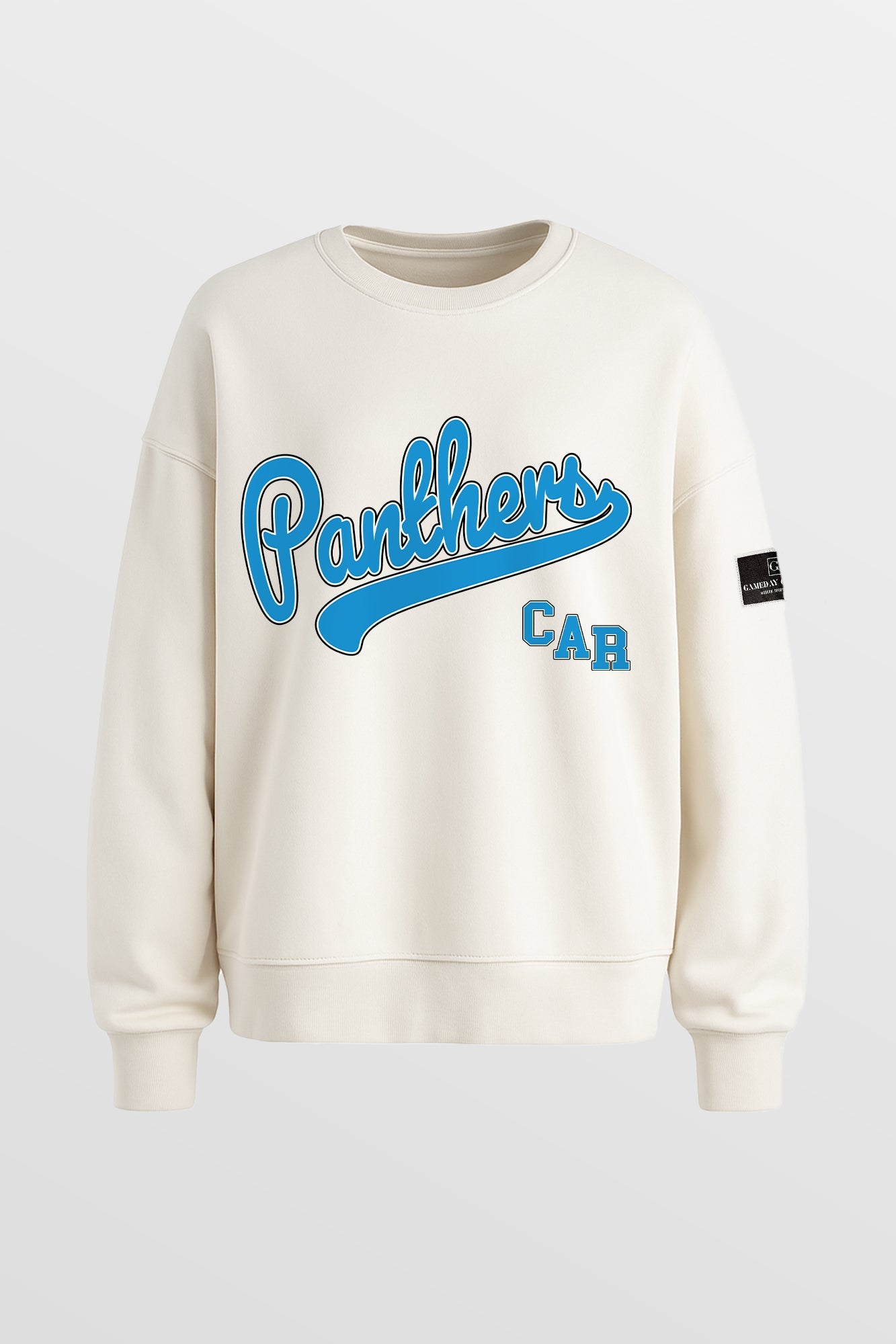 CAROLINA PANTHERS CLUTCH MOVE BLACK LABEL PREMIUM FLEECE CREW SWEATSHIRT BY RANDI MAHOMES