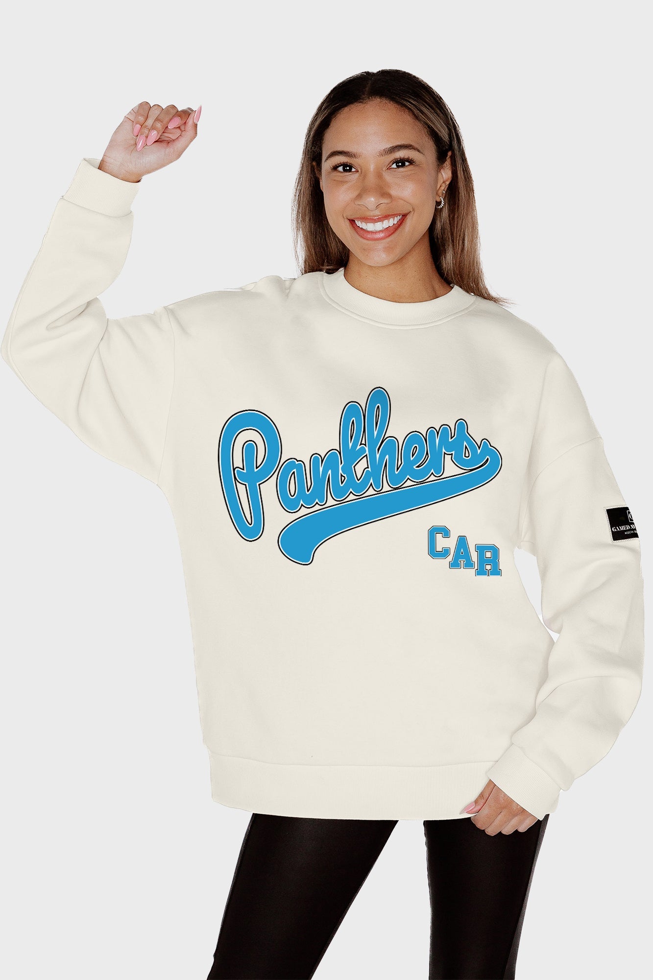 CAROLINA PANTHERS CLUTCH MOVE BLACK LABEL PREMIUM FLEECE CREW SWEATSHIRT BY RANDI MAHOMES