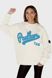 CAROLINA PANTHERS CLUTCH MOVE BLACK LABEL PREMIUM FLEECE CREW SWEATSHIRT BY RANDI MAHOMES