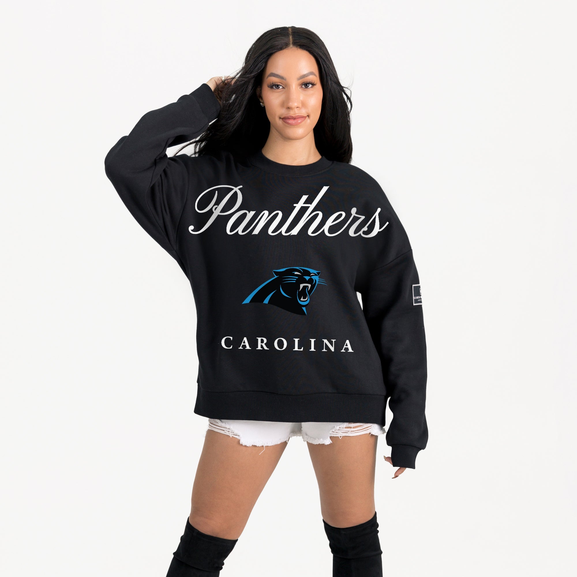 CAROLINA PANTHERS LEGACY CLUB BLACK LABEL PREMIUM FLEECE DROP SHOULDER CREWNECK