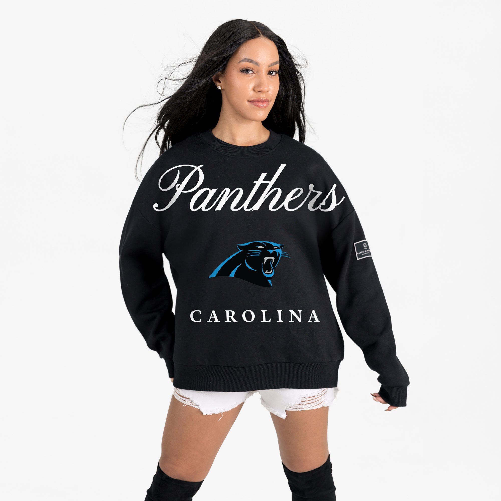 CAROLINA PANTHERS LEGACY CLUB BLACK LABEL PREMIUM FLEECE DROP SHOULDER CREWNECK