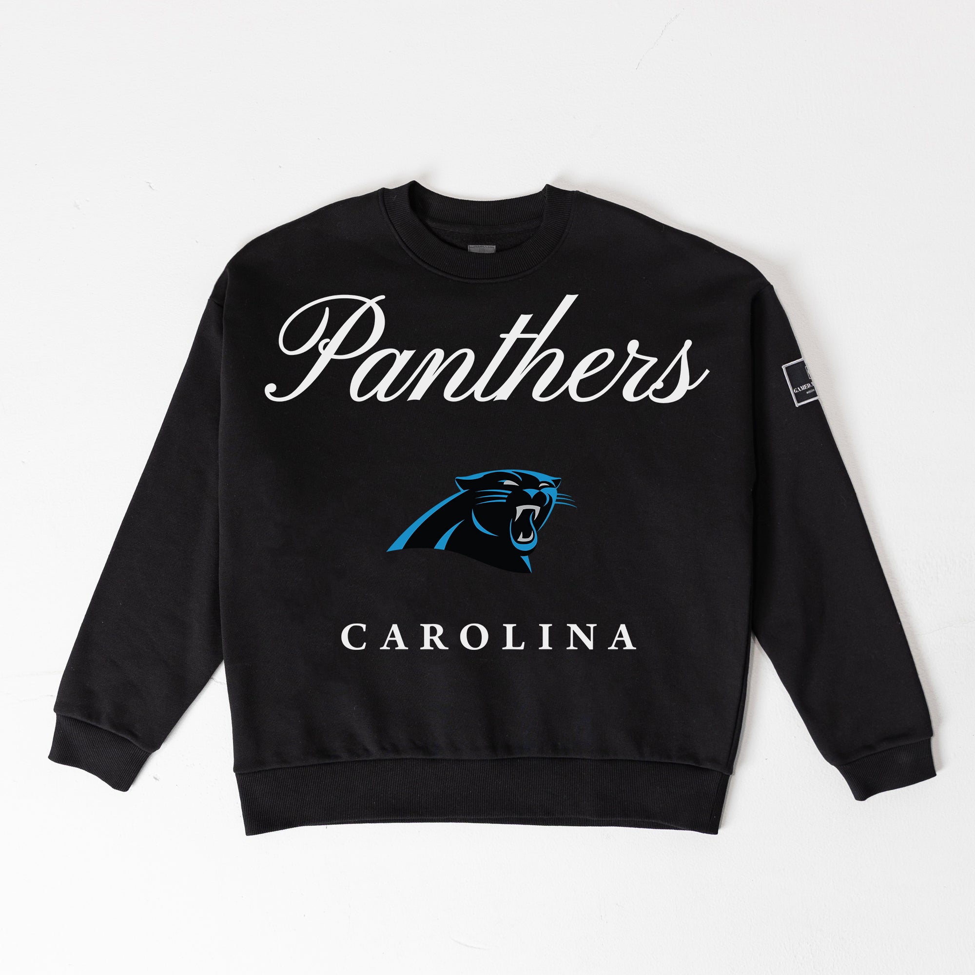 CAROLINA PANTHERS LEGACY CLUB BLACK LABEL PREMIUM FLEECE DROP SHOULDER CREWNECK