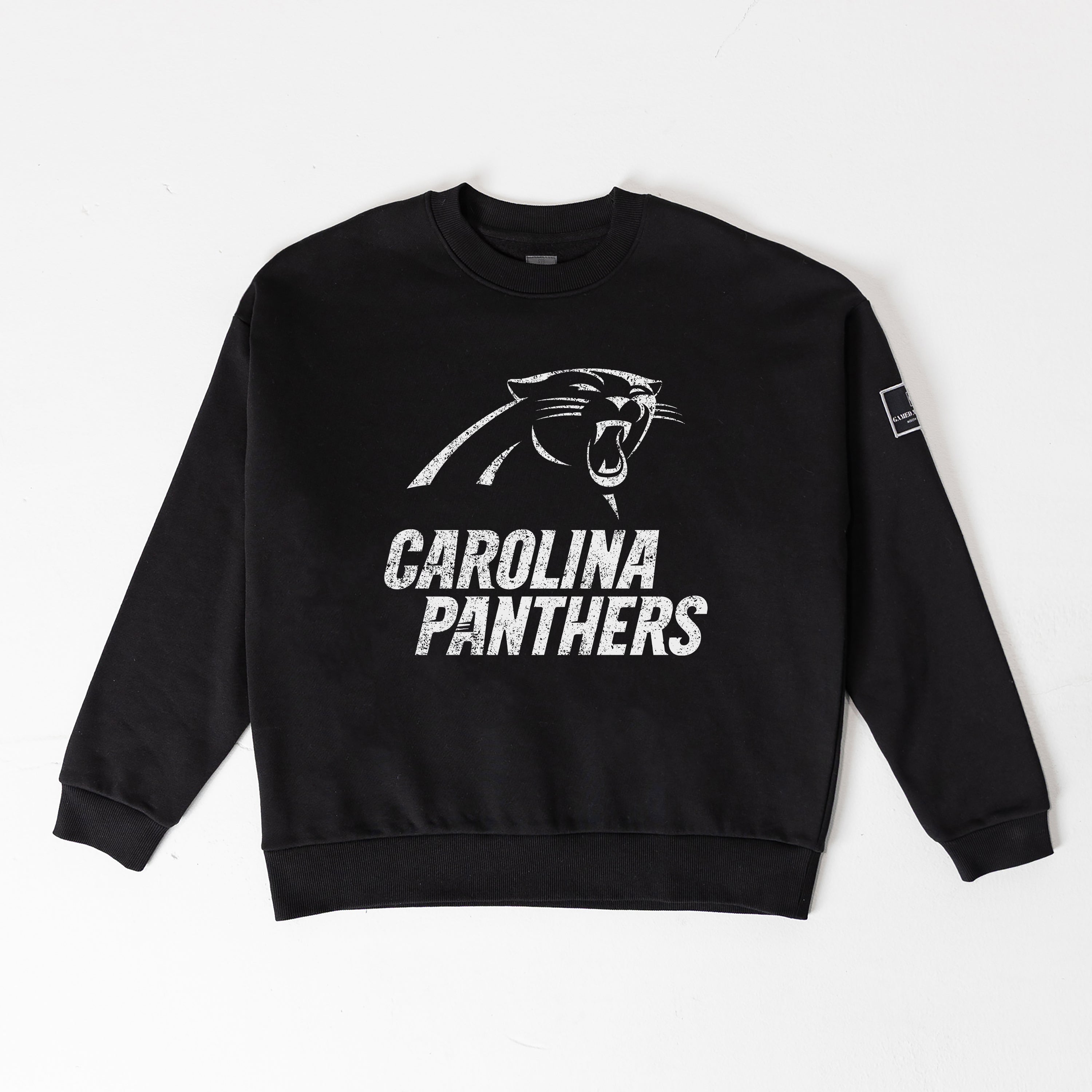 CAROLINA PANTHERS BOLD MOVE BLACK LABEL PREMIUM FLEECE DROP SHOULDER CREWNECK