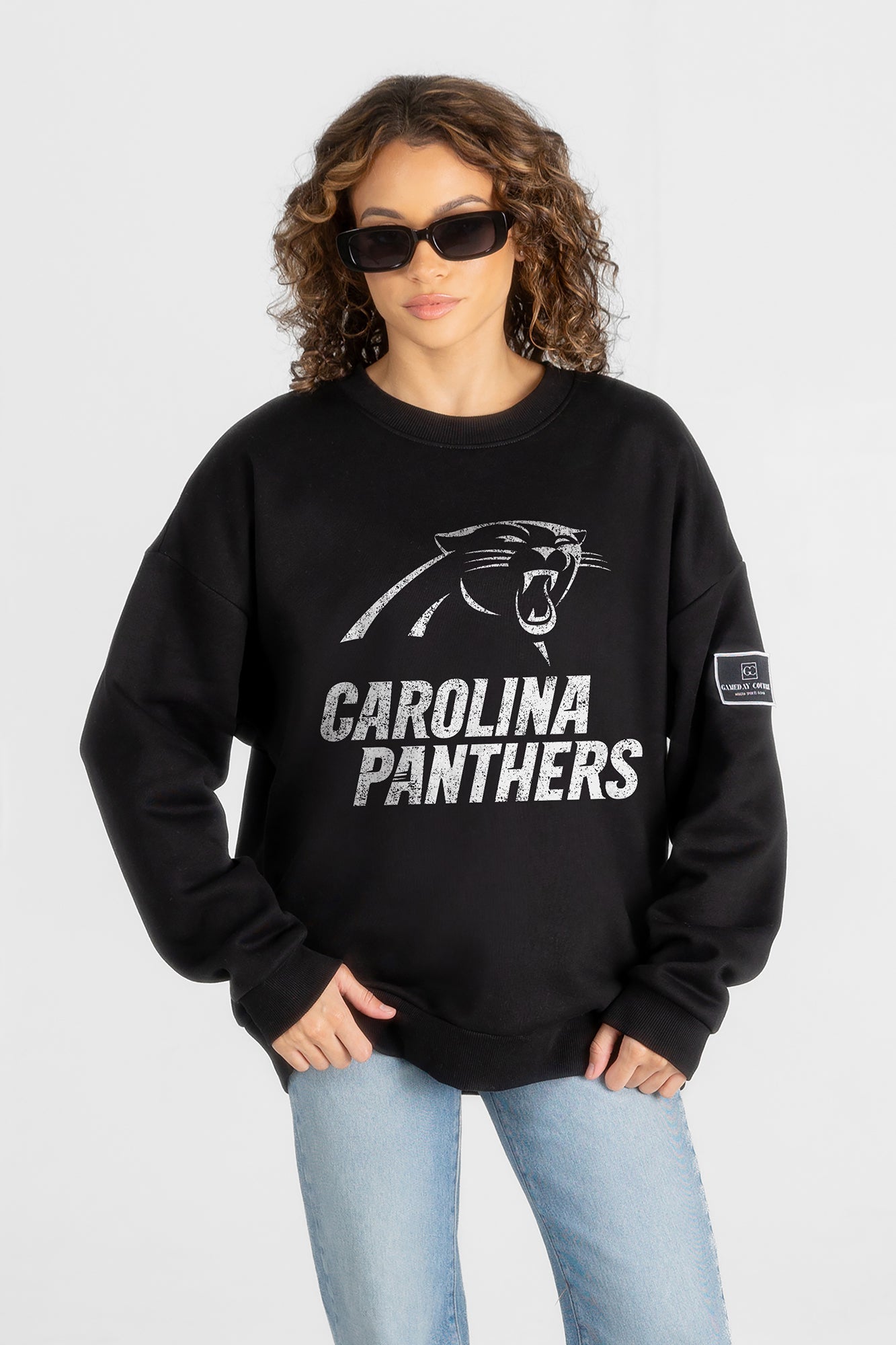 CAROLINA PANTHERS BOLD MOVE BLACK LABEL PREMIUM FLEECE DROP SHOULDER CREWNECK