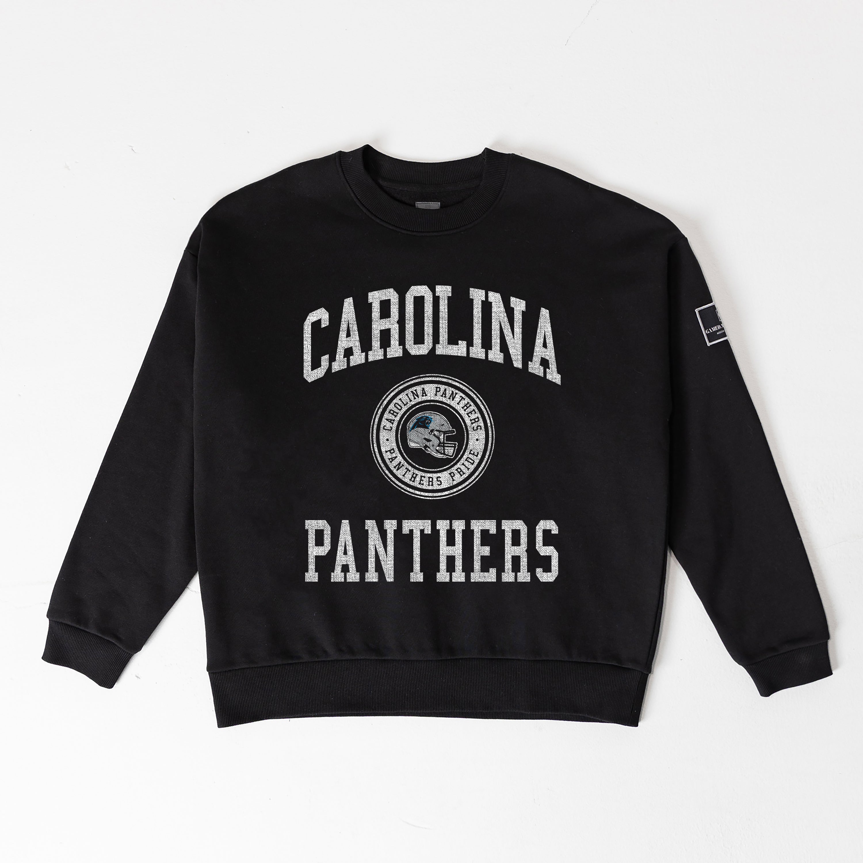 CAROLINA PANTHERS FIERCE FLOW BLACK LABEL PREMIUM FLEECE DROP SHOULDER CREWNECK