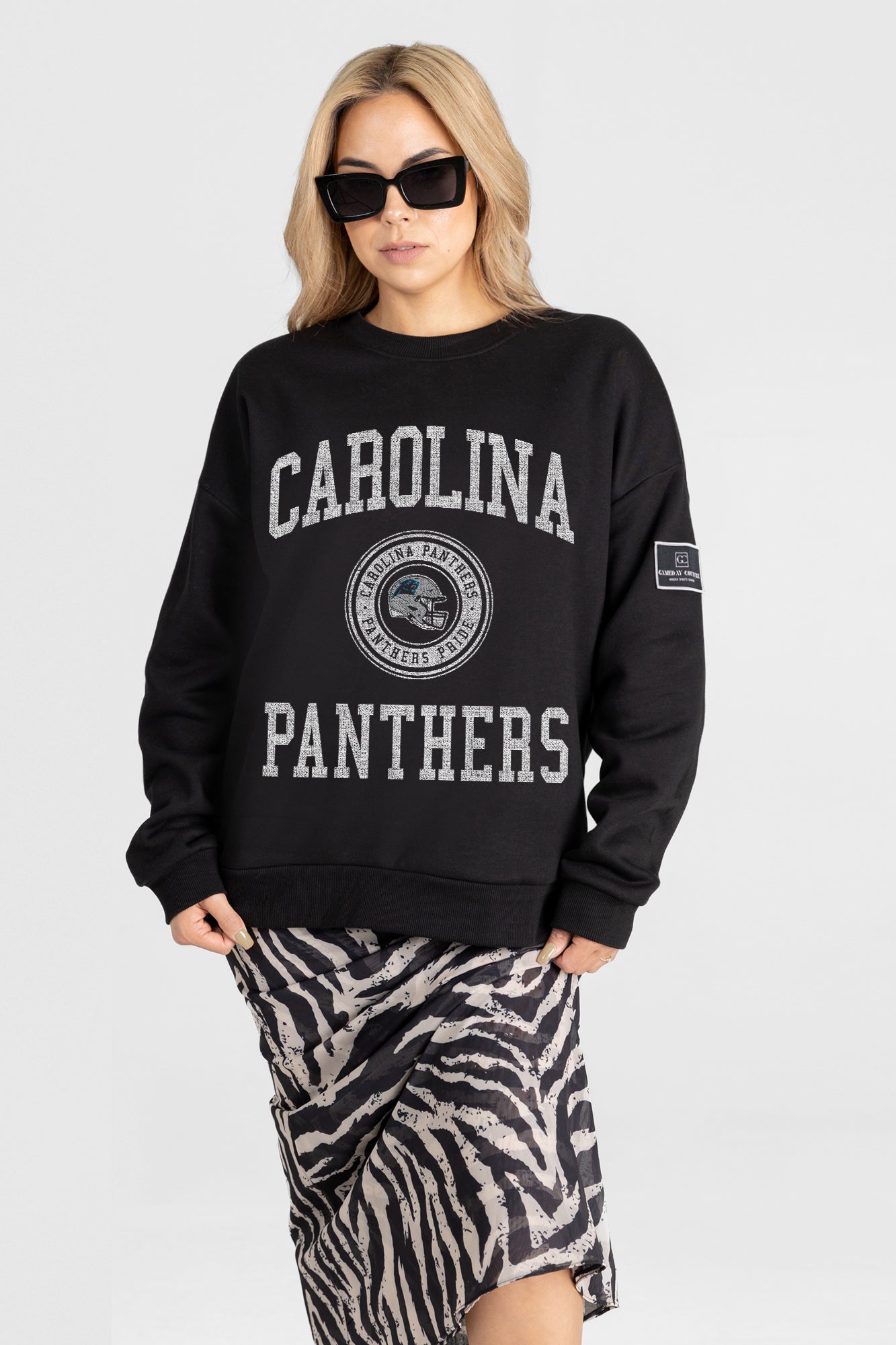 CAROLINA PANTHERS FIERCE FLOW BLACK LABEL PREMIUM FLEECE DROP SHOULDER CREWNECK