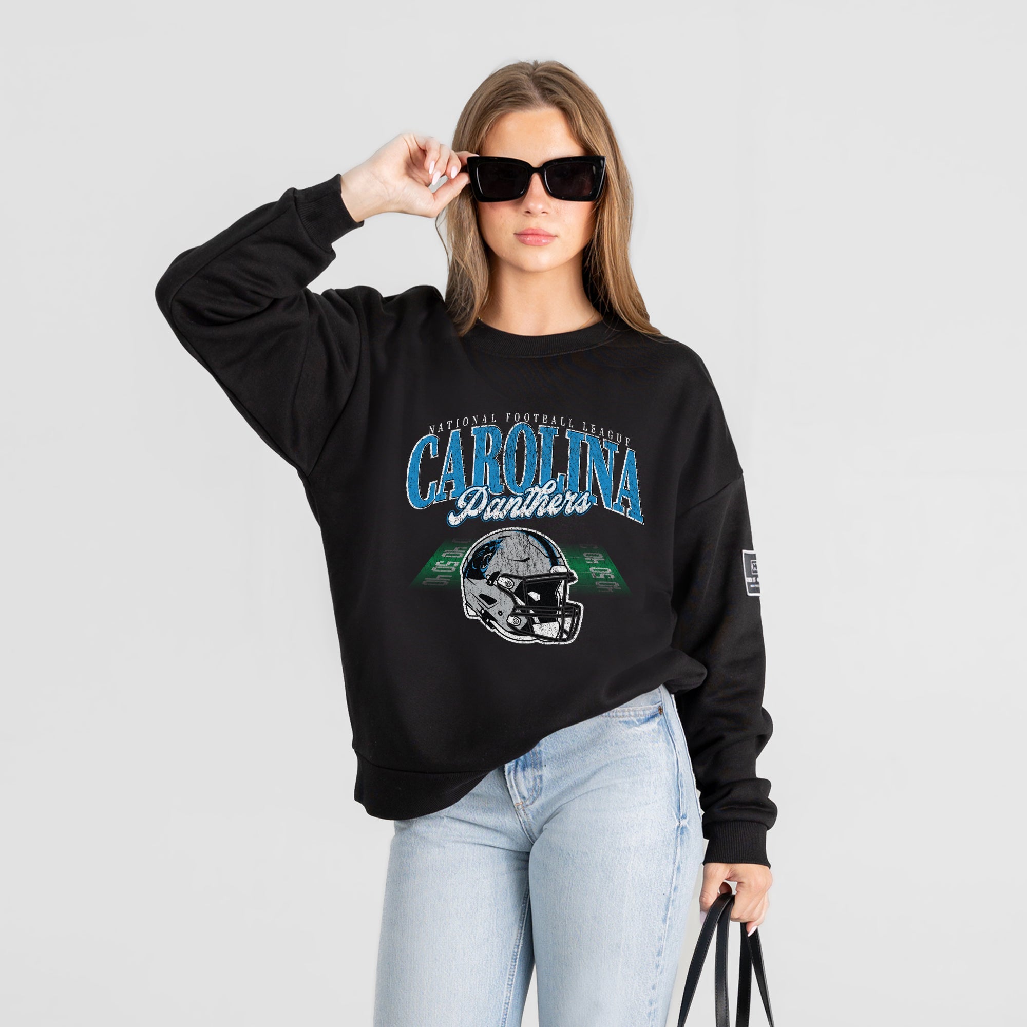 CAROLINA PANTHERS FIELD FOCUS BLACK LABEL PREMIUM FLEECE DROP SHOULDER CREWNECK