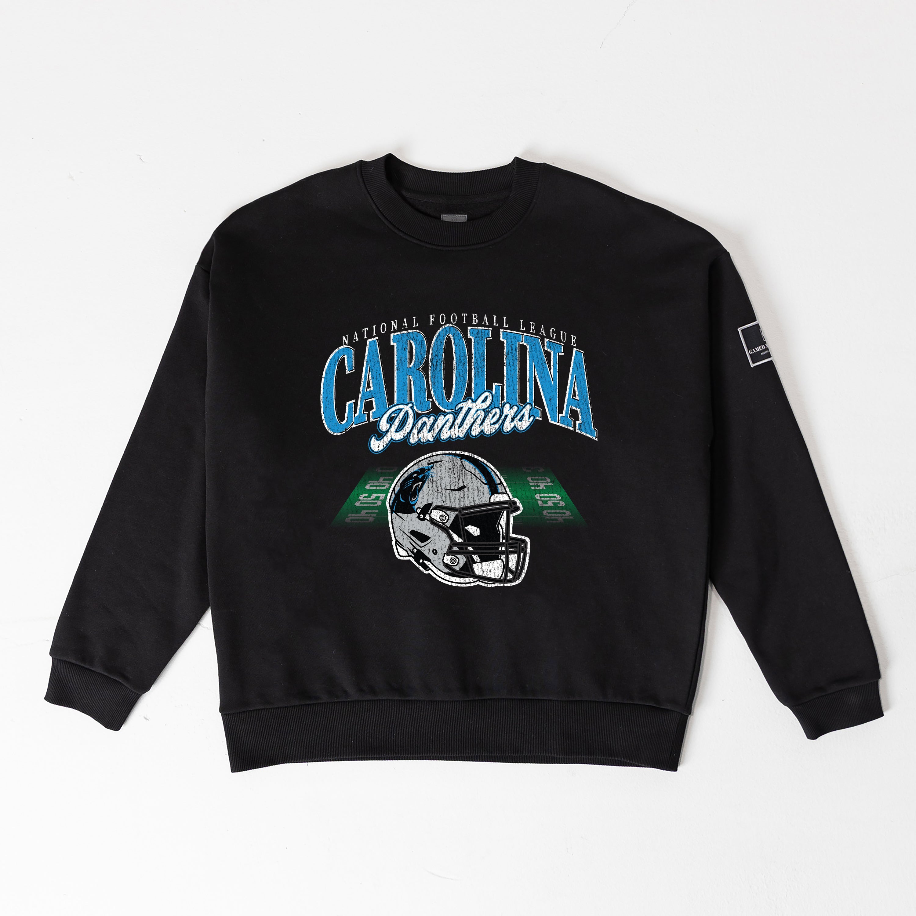 CAROLINA PANTHERS FIELD FOCUS BLACK LABEL PREMIUM FLEECE DROP SHOULDER CREWNECK