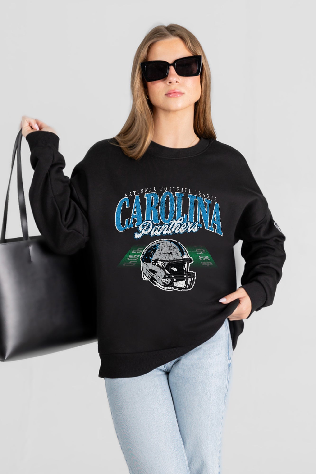 CAROLINA PANTHERS FIELD FOCUS BLACK LABEL PREMIUM FLEECE DROP SHOULDER CREWNECK