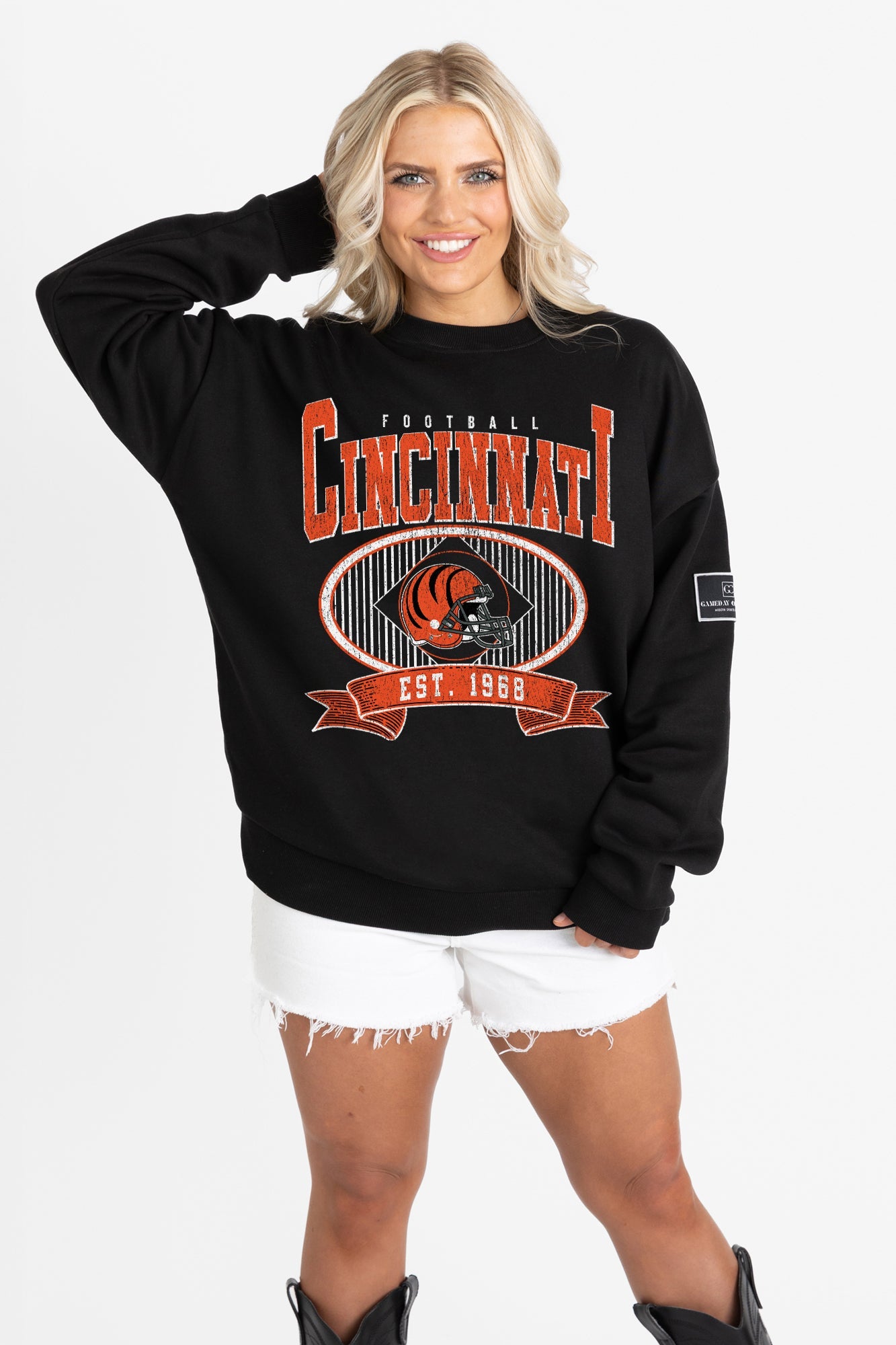 CINCINNATI BENGALS BOLD CHEERS BLACK LABEL PREMIUM FLEECE CREW SWEATSHIRT