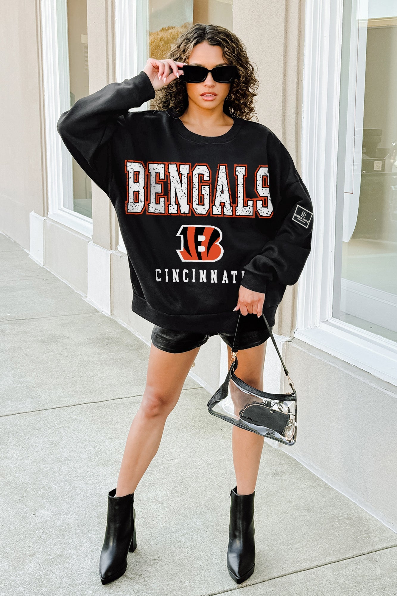 CINCINNATI BENGALS LEVEL UP BLACK LABEL PREMIUM FLEECE CREW SWEATSHIRT